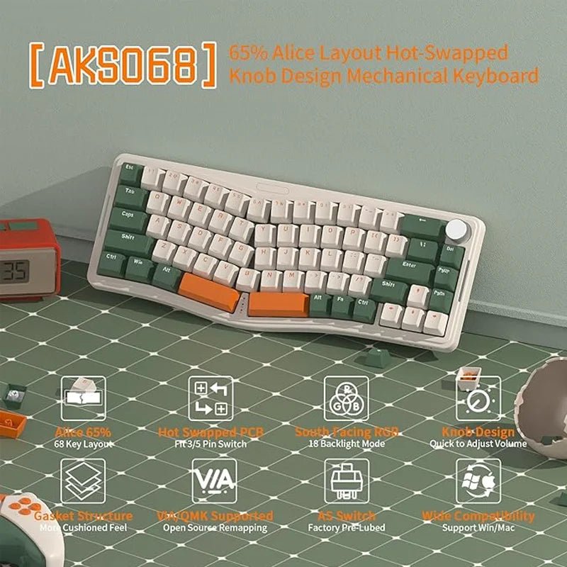 AKS068 68 - Key Alice Layout Mechanical Keyboard – Ergonomic Gasket - Mount USB - C Wired Gaming Keyboard - Zevon