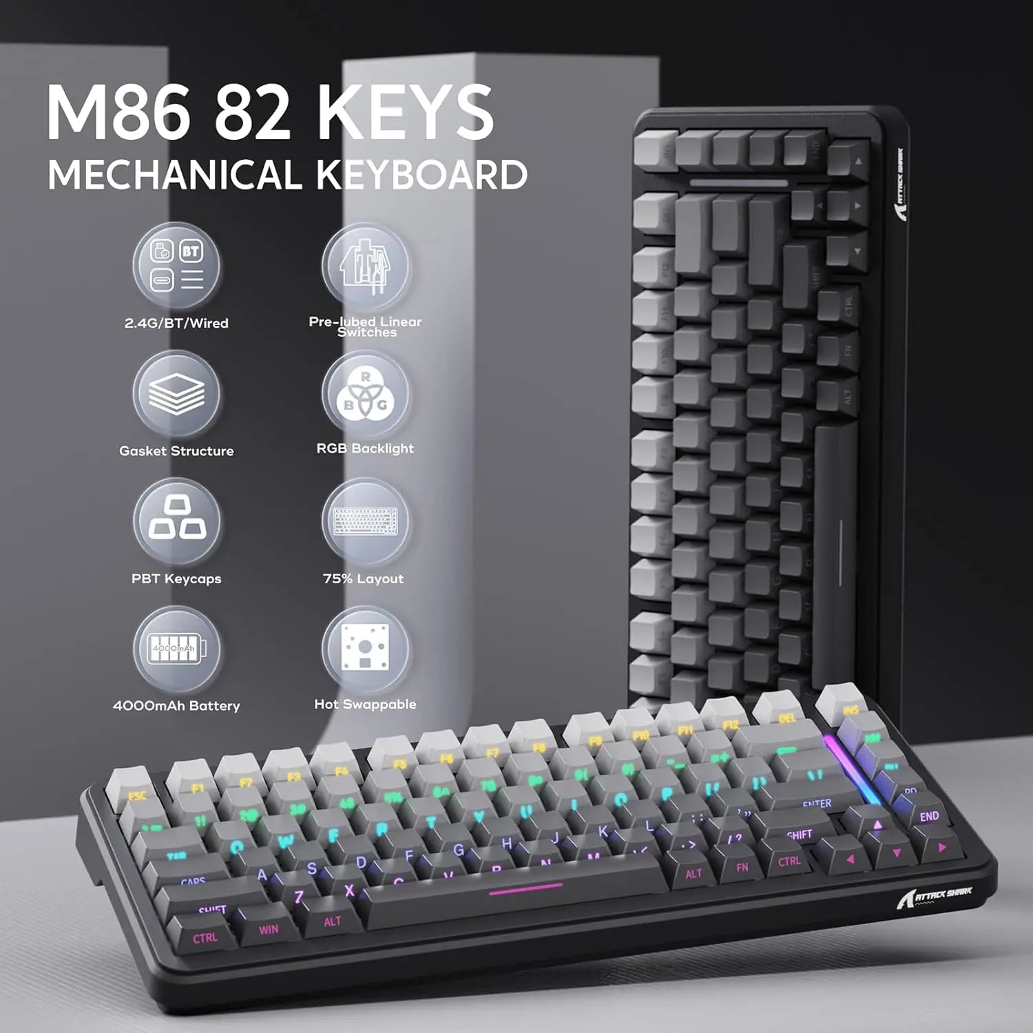 ATTACK SHARK M86 75% Wireless Mechanical Gaming Keyboard with hot - swappable gasket mount, RGB lighting, and side - printed PBT keycaps. - Zevon