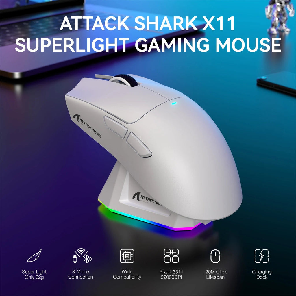ATTACK SHARK X11 Wireless Gaming Mouse – Lightweight RGB mouse with PAW3311 optical sensor, up to 22,000 DPI, fast - response switches, and rechargeable charging dock for precision PC gaming - Zevon