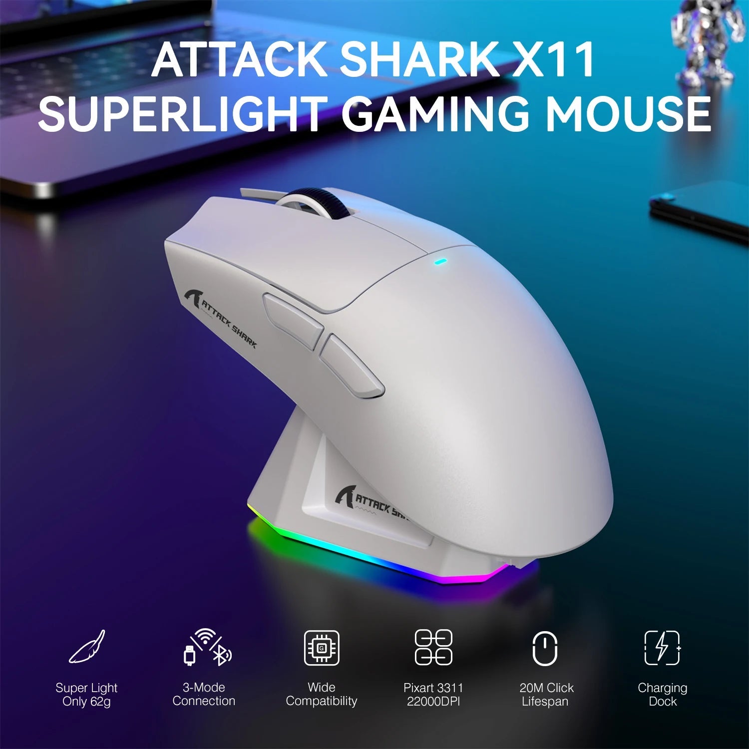 ATTACK SHARK X11 Wireless Gaming Mouse – Lightweight RGB mouse with PAW3311 optical sensor, up to 22,000 DPI, fast - response switches, and rechargeable charging dock for precision PC gaming - Zevon