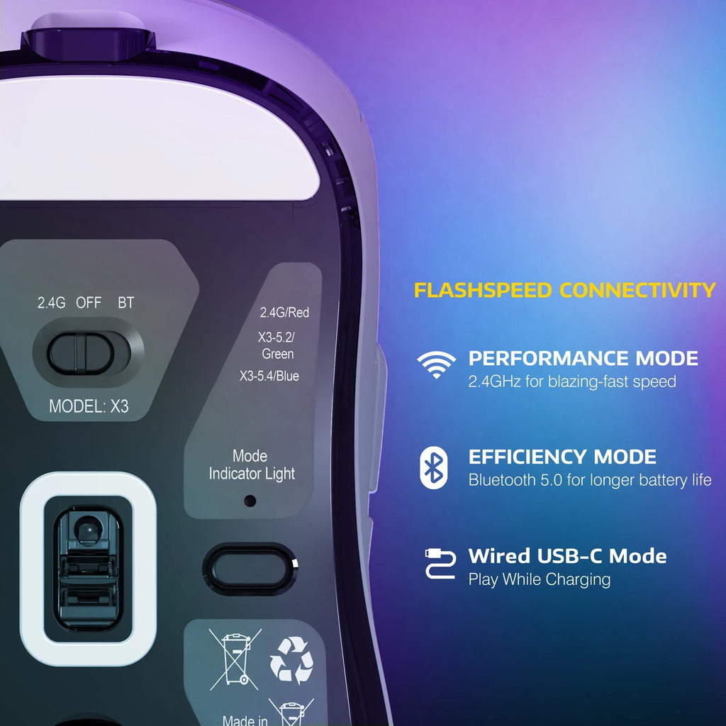 ATTACK SHARK X3 Wireless Gaming Mouse – 26,000 DPI PAW3395, 49g, Triple - Mode Connectivity - Zevon