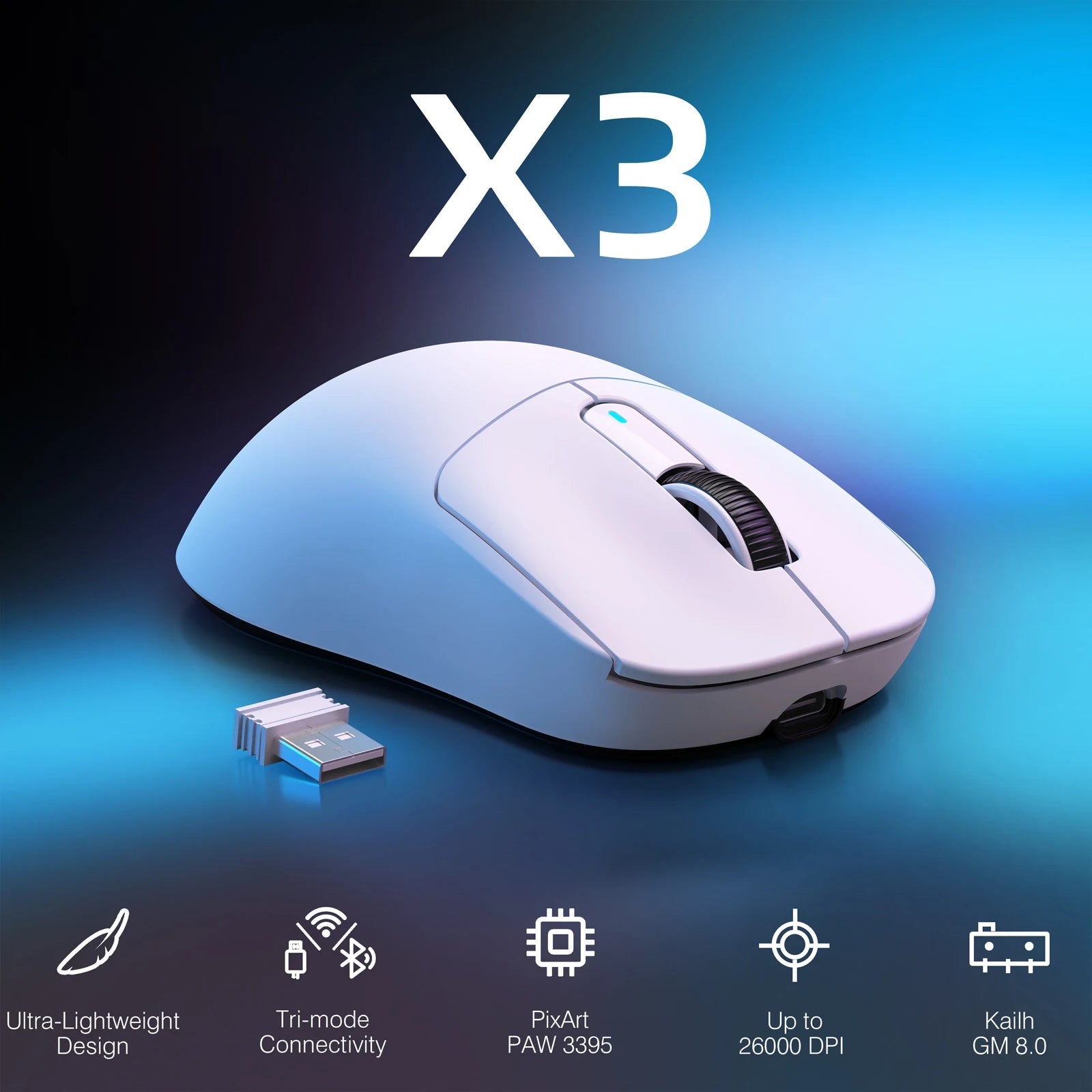 ATTACK SHARK X3 Wireless Gaming Mouse – 26,000 DPI PAW3395, 49g, Triple - Mode Connectivity - Zevon