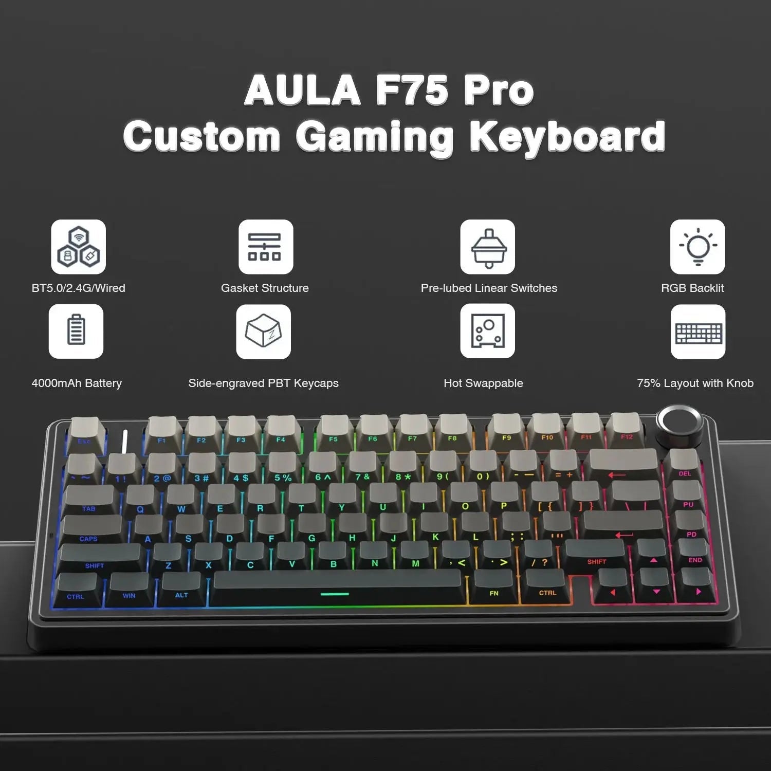 AULA F75 Pro 75% Wireless Mechanical Gaming Keyboard – RGB Gasket Mount, PBT Keycaps - Zevon