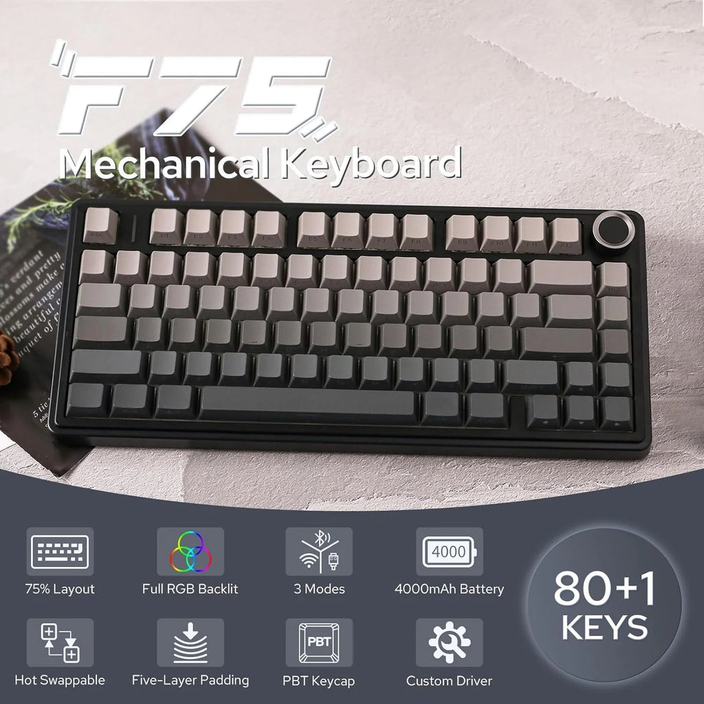 AULA F75 Pro 75% Wireless Mechanical Gaming Keyboard with gasket mount, RGB lighting, and side - engraved PBT keycaps - Zevon