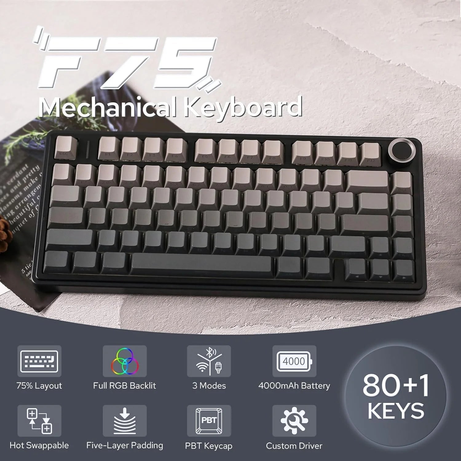 AULA F75 Pro 75% Wireless Mechanical Gaming Keyboard with gasket mount, RGB lighting, and side - engraved PBT keycaps - Zevon