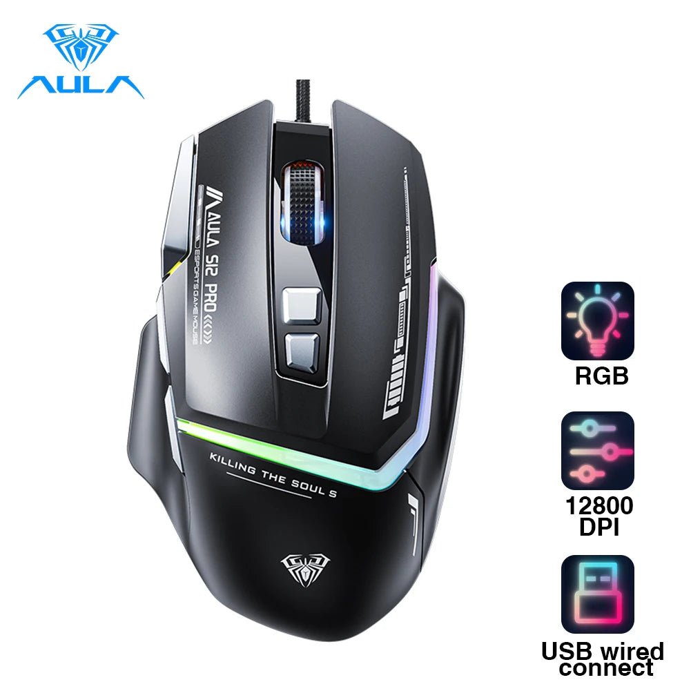 AULA S12 Pro RGB Gaming Mouse – Wired 12,800 DPI, 1000Hz, 8 Macro Buttons - Zevon