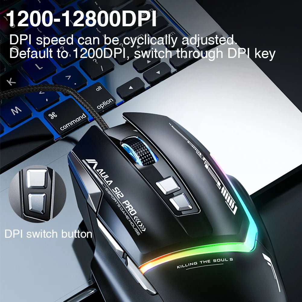 AULA S12 Pro RGB Gaming Mouse – Wired 12,800 DPI, 1000Hz, 8 Macro Buttons - Zevon