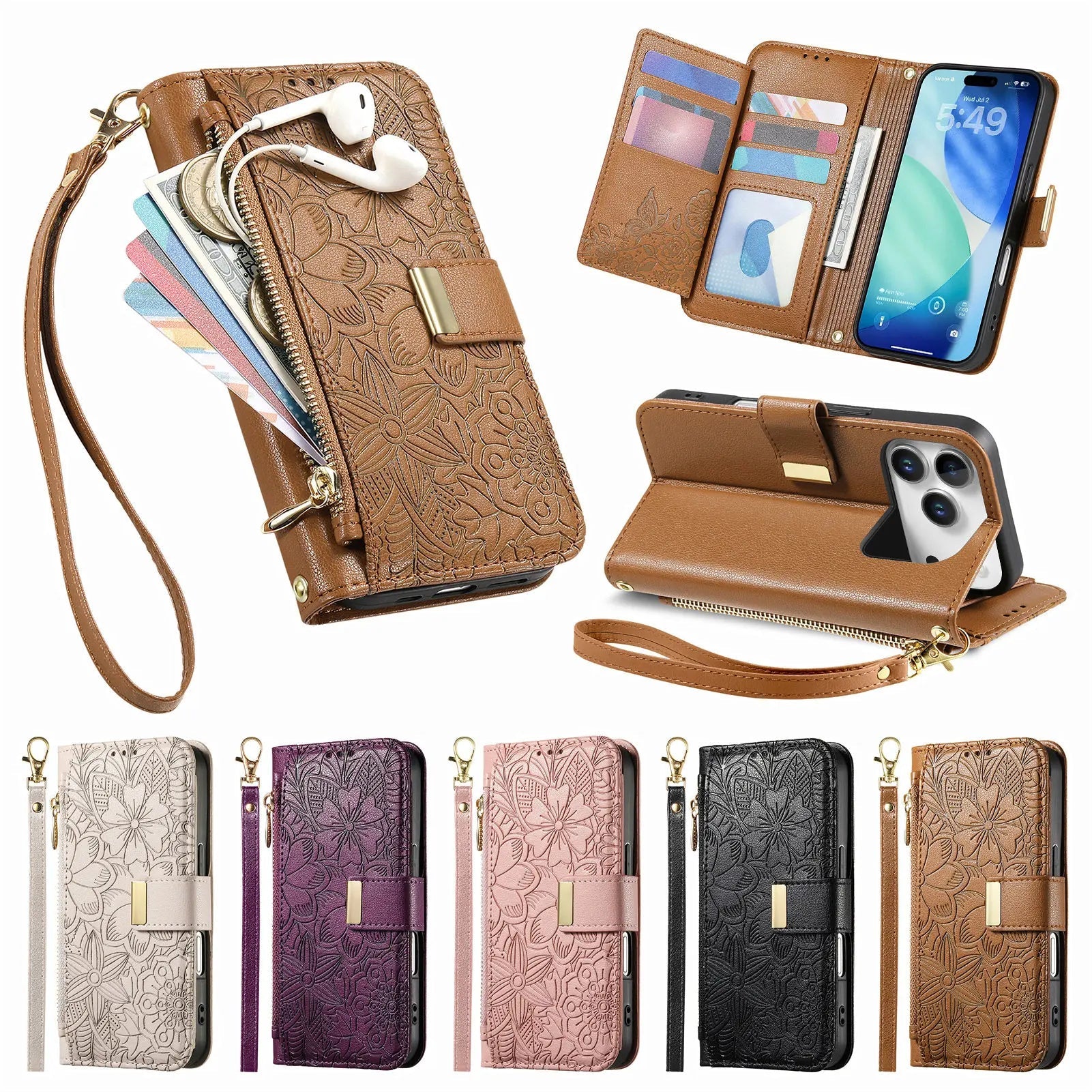 Luxury PU Leather Zipper Wallet Phone Case for iPhone 14–17 Pro Max | Shockproof Card Holder - Zevon