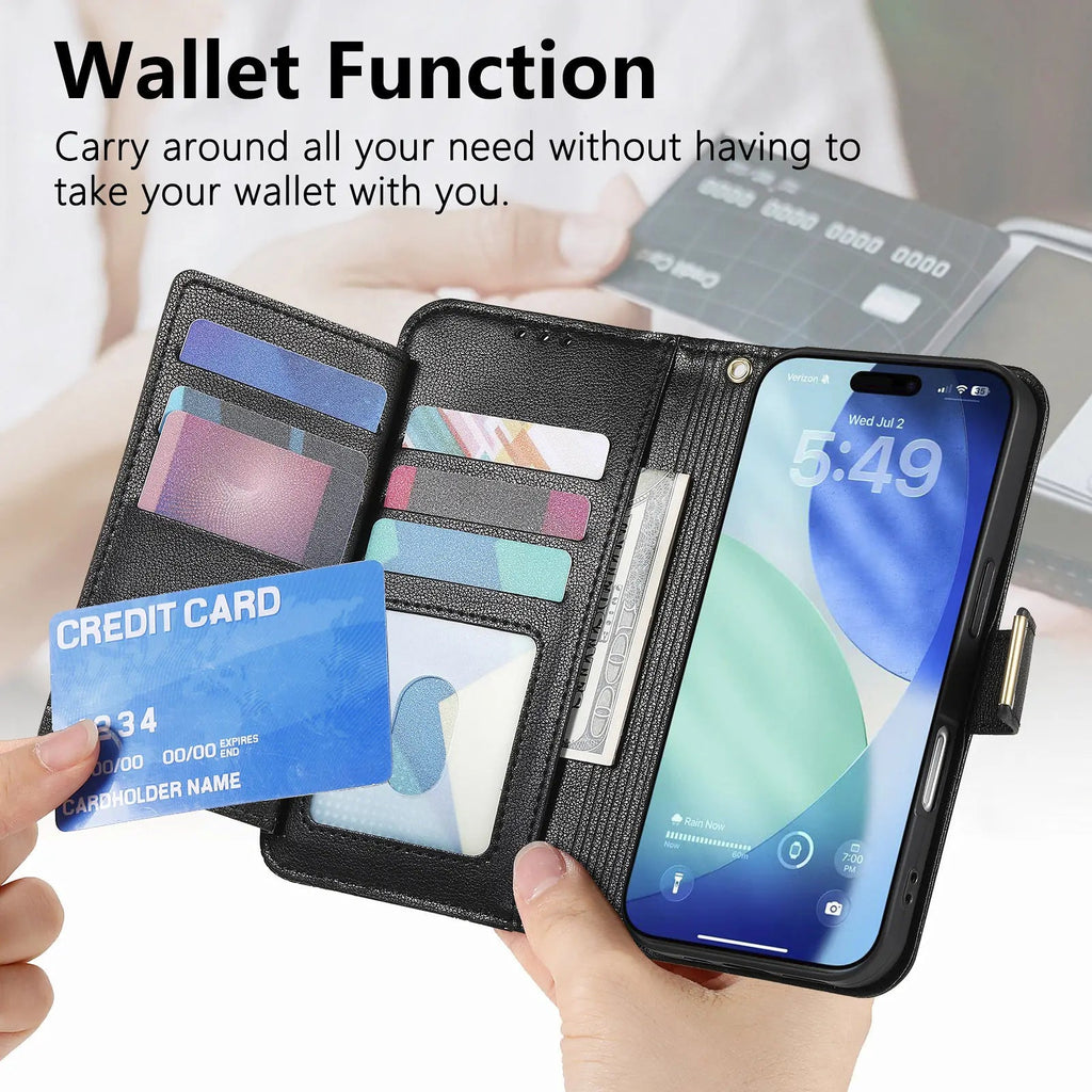 Luxury PU Leather Zipper Wallet Phone Case for iPhone 14–17 Pro Max | Shockproof Card Holder - Zevon