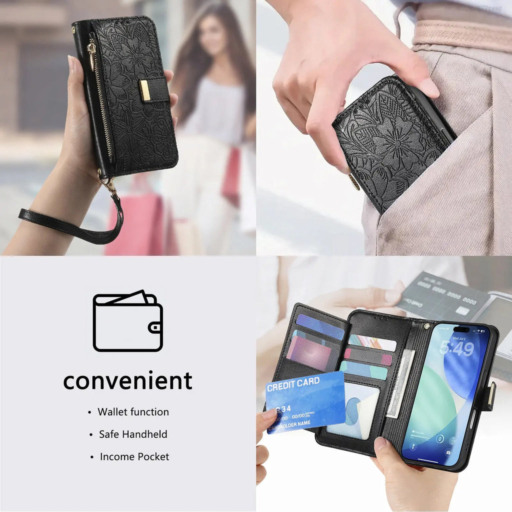 Luxury PU Leather Zipper Wallet Phone Case for iPhone 14–17 Pro Max | Shockproof Card Holder - Zevon