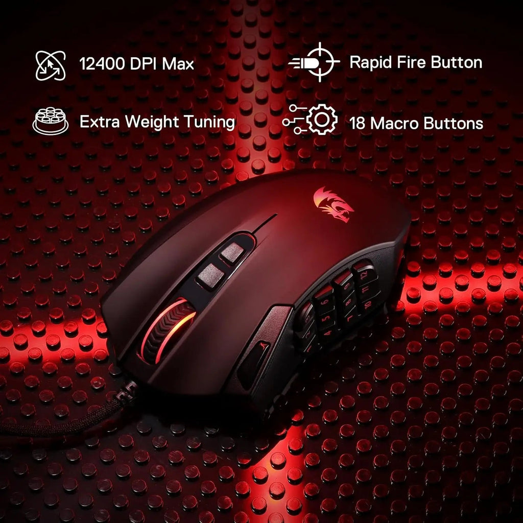 M921 MMO Gaming Mouse – 12400 DPI high - precision wired RGB mouse with 18 programmable buttons and 12 side macro keys for MMO and PC gaming - Zevon