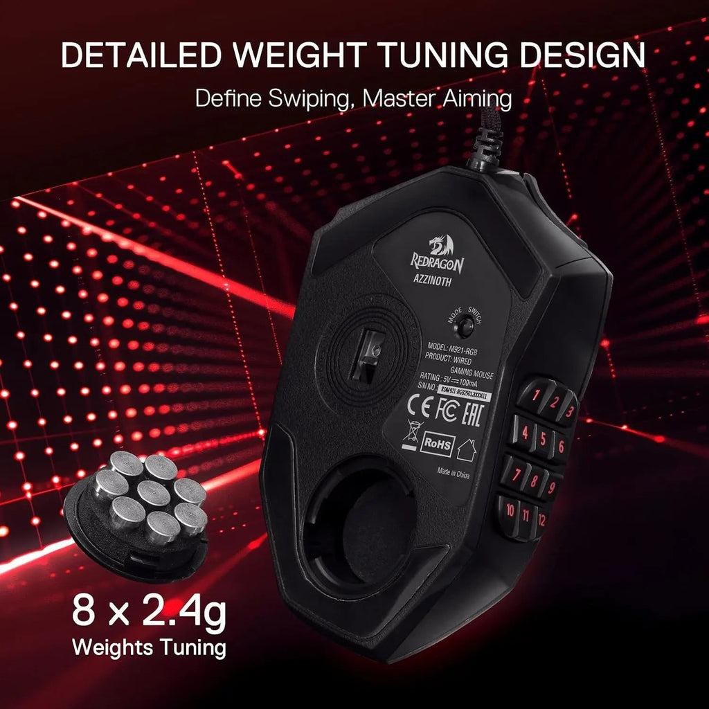 M921 MMO Gaming Mouse – 12400 DPI high - precision wired RGB mouse with 18 programmable buttons and 12 side macro keys for MMO and PC gaming - Zevon
