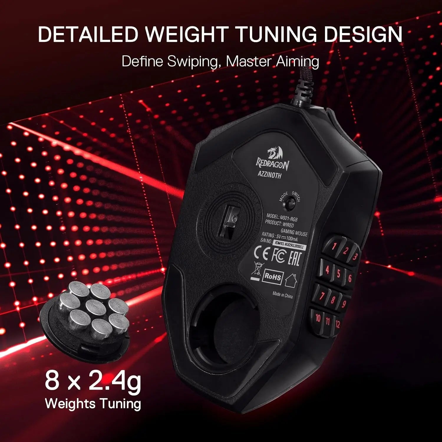 M921 MMO Gaming Mouse – 12400 DPI high - precision wired RGB mouse with 18 programmable buttons and 12 side macro keys for MMO and PC gaming - Zevon