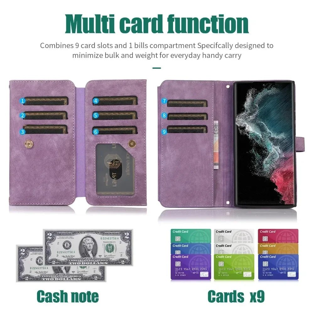 Phone Case for Samsung Galaxy S23 S24 FE S25 Ultra Edge S22 Plus A16 A06 A26 A36 A56 A15 A35 A55 Cover Zipper Wallet Crossbody - Zevon