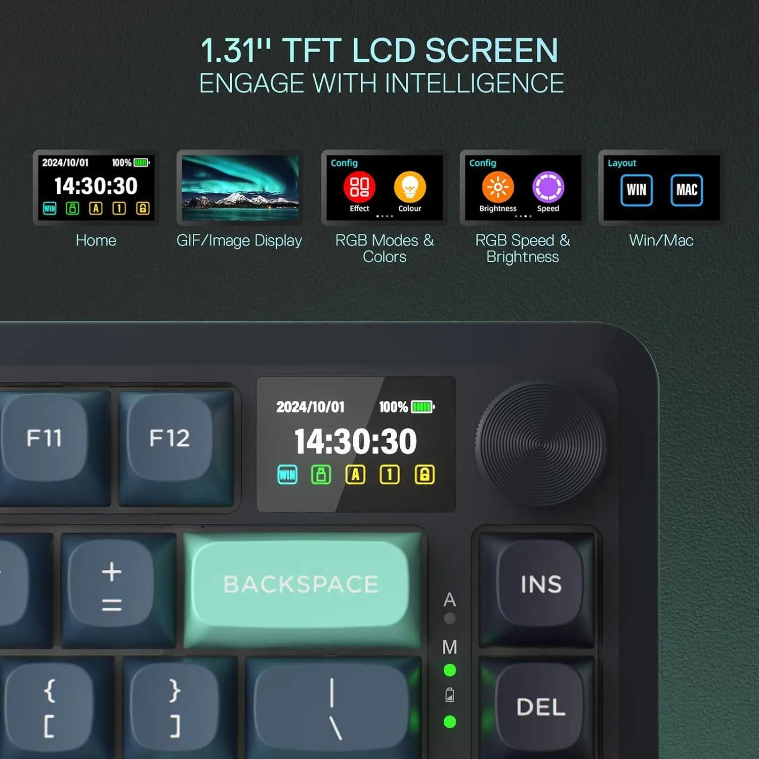 Redragon K724 PRO Wireless Gasket Mechanical Gaming Keyboard with Hype Screen, control knob, 81 keys, and Mint Mambo switches. - Zevon