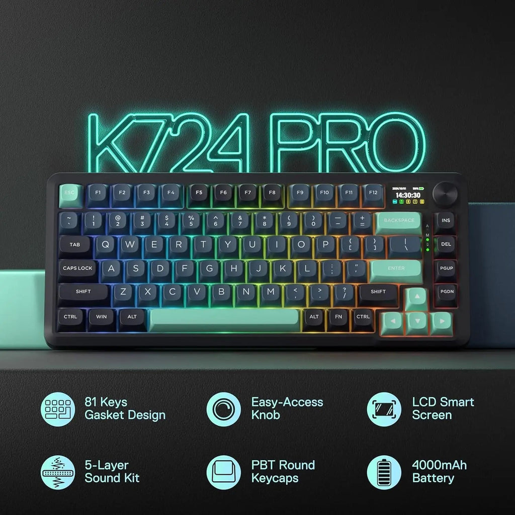 Redragon K724 PRO Wireless Gasket Mechanical Gaming Keyboard with Hype Screen, control knob, 81 keys, and Mint Mambo switches. - Zevon