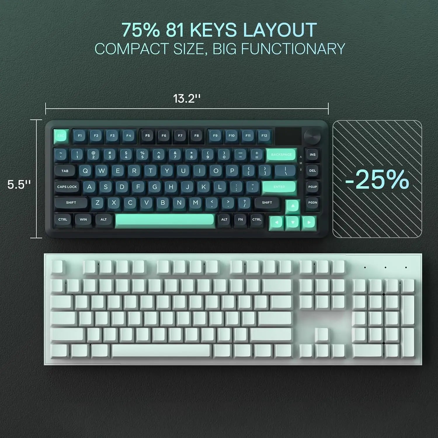 Redragon K724 PRO Wireless Gasket Mechanical Gaming Keyboard with Hype Screen, control knob, 81 keys, and Mint Mambo switches. - Zevon