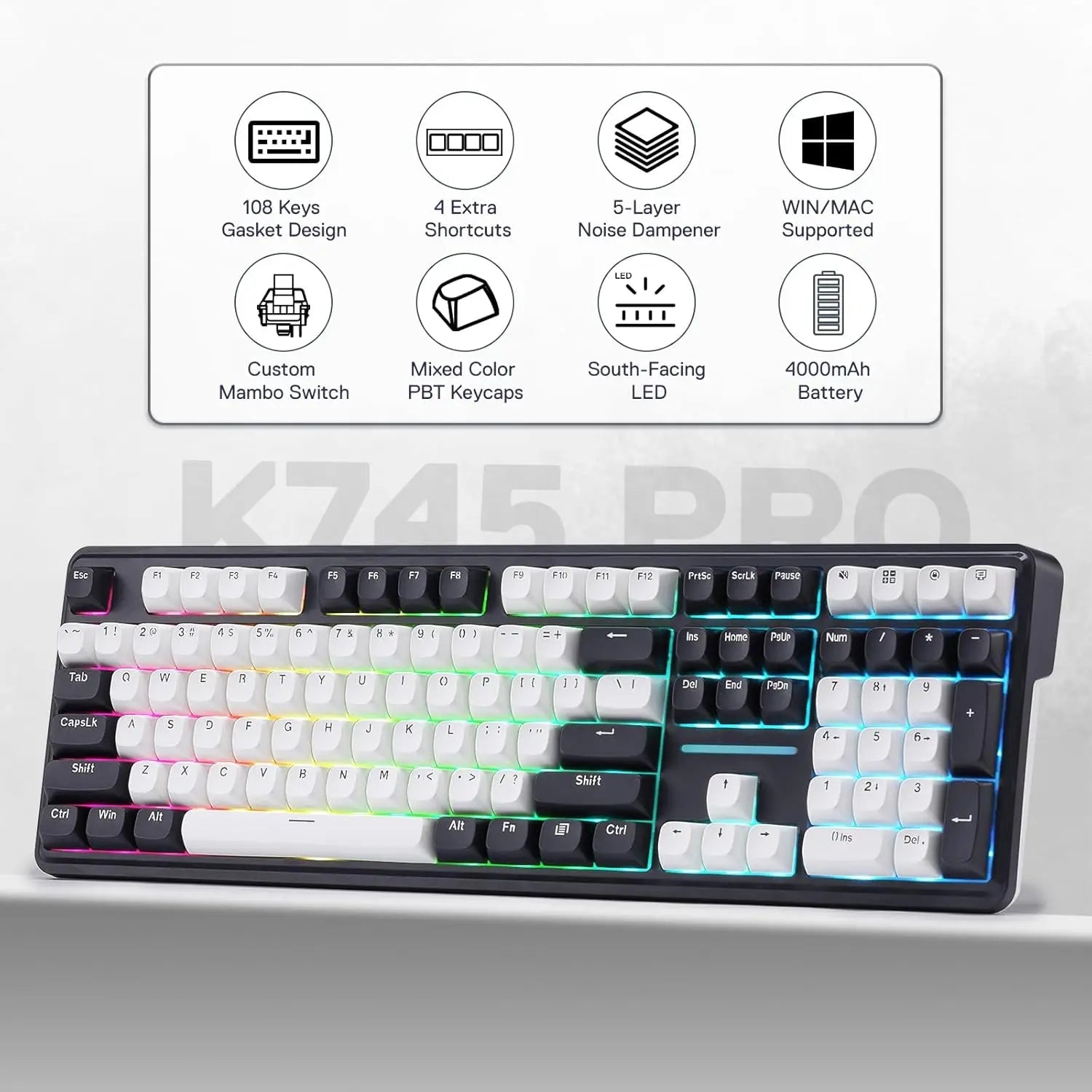 Redragon K745 PRO Wireless Mechanical Gaming Keyboard with gasket mount, hot - swap south - facing RGB LEDs, and 108 - key full layout (White & Black). - Zevon