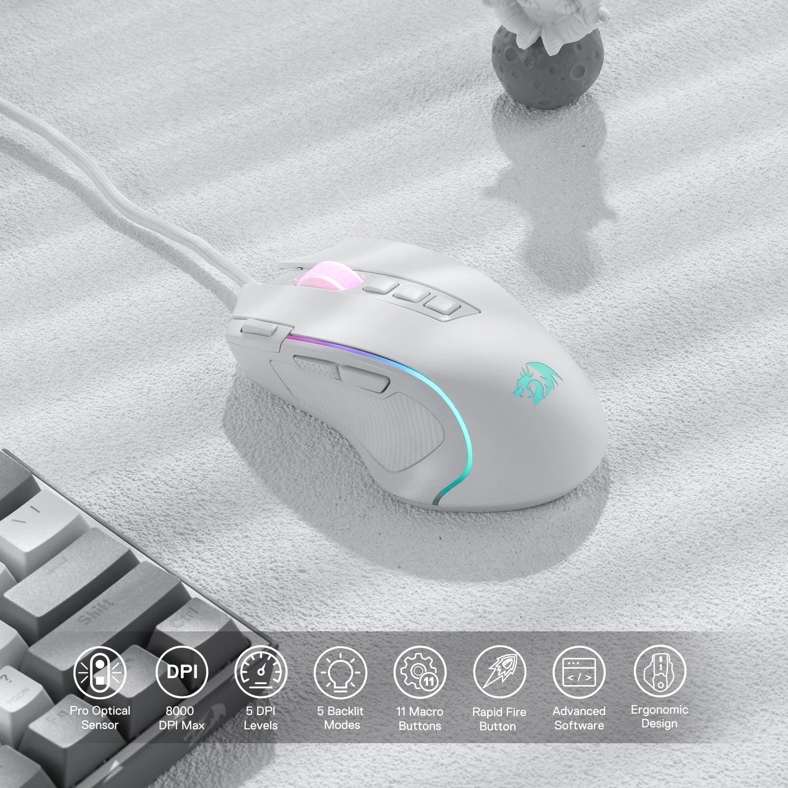 Redragon M612 Predator RGB Gaming Mouse – 8000 DPI Wired Optical, 11 Programmable Buttons (White) - Zevon
