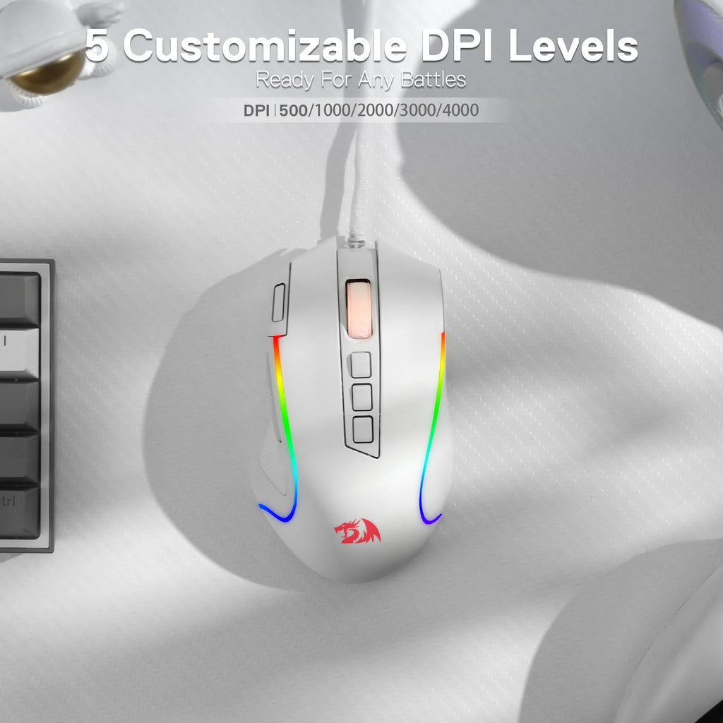 Redragon M612 Predator RGB Gaming Mouse – 8000 DPI Wired Optical, 11 Programmable Buttons (White) - Zevon