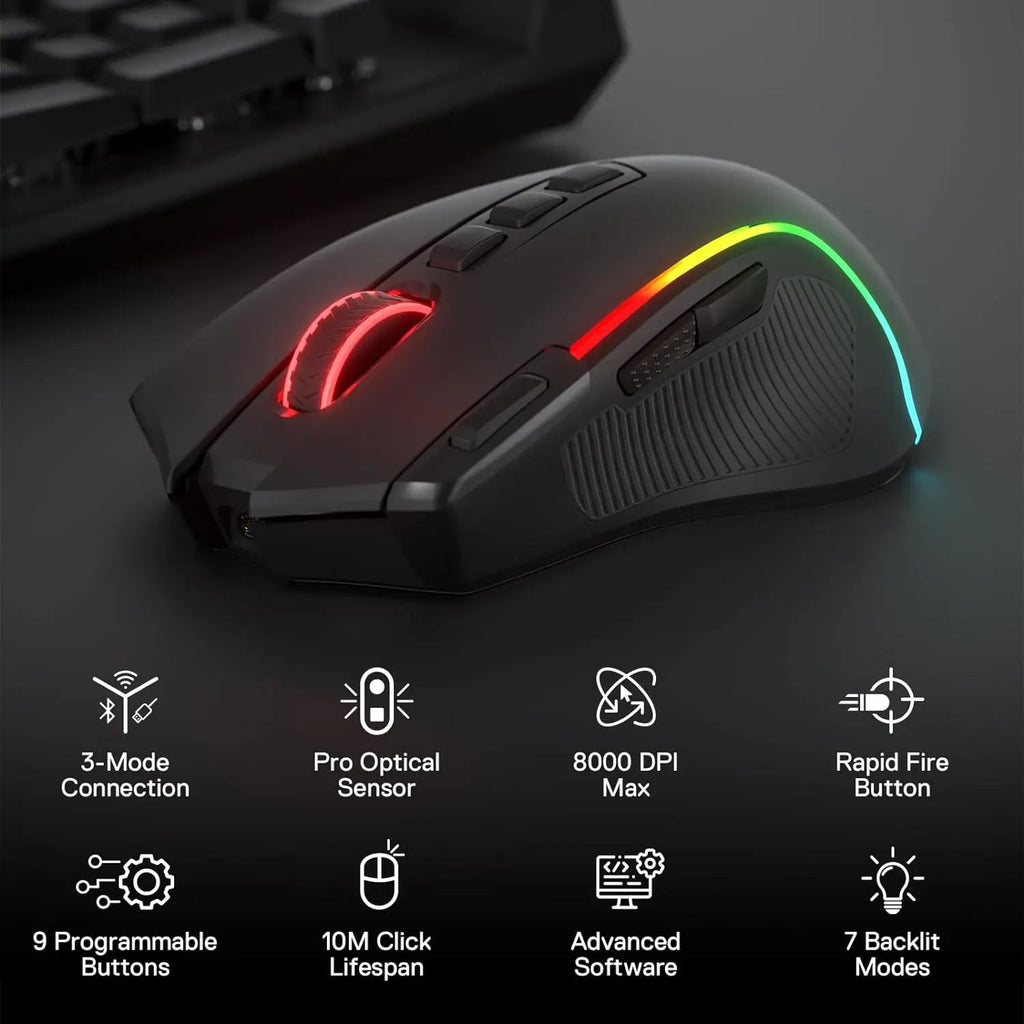Redragon M612 PRO RGB Gaming Mouse – Wireless/Wired, 8000 DPI, 11 Programmable Buttons - Zevon