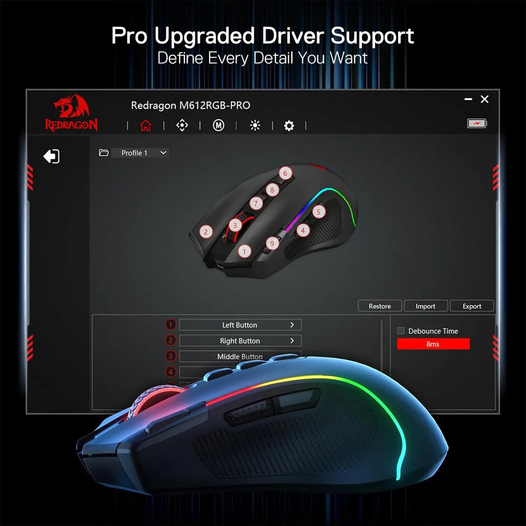 Redragon M612 PRO RGB Gaming Mouse – Wireless/Wired, 8000 DPI, 11 Programmable Buttons - Zevon