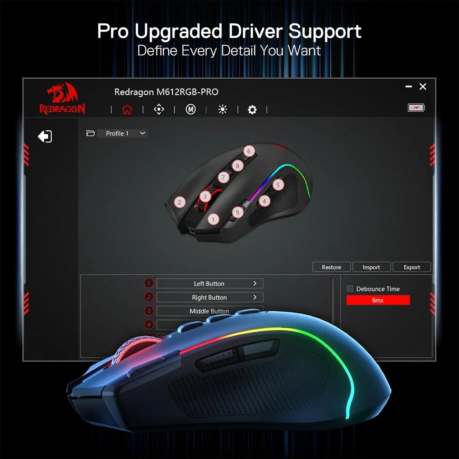 Redragon M612 PRO RGB Gaming Mouse – Wireless/Wired, 8000 DPI, 11 Programmable Buttons - Zevon