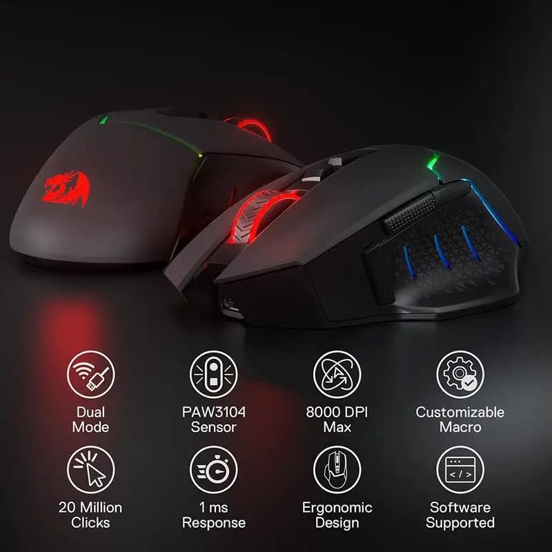 Redragon M690 PRO Wireless Gaming Mouse – 8000 DPI, 8 Programmable Buttons, Wired/Wireless for PC & Mac - Zevon
