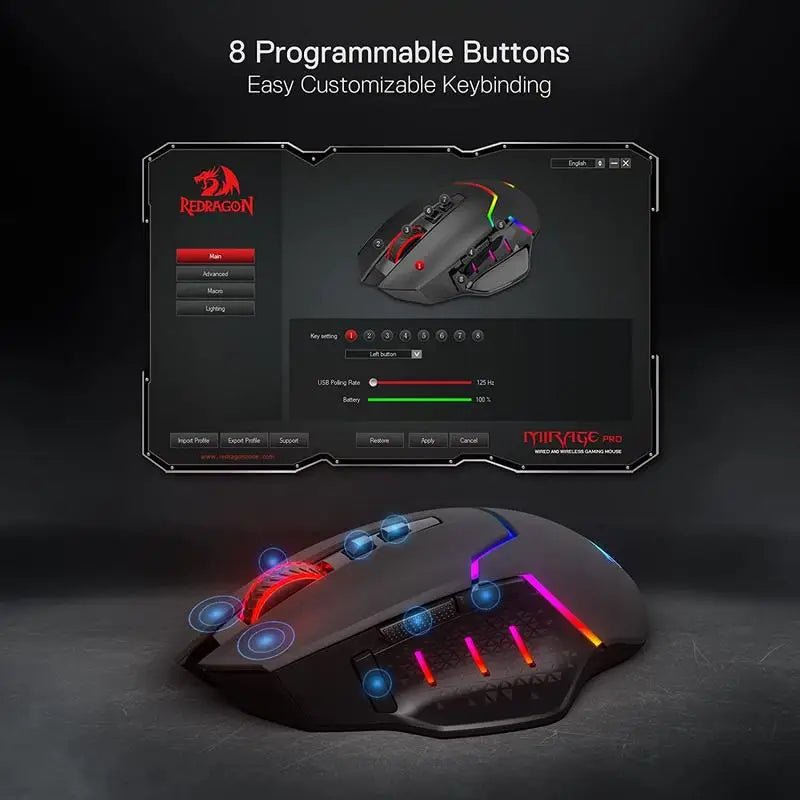 Redragon M690 PRO Wireless Gaming Mouse – 8000 DPI, 8 Programmable Buttons, Wired/Wireless for PC & Mac - Zevon