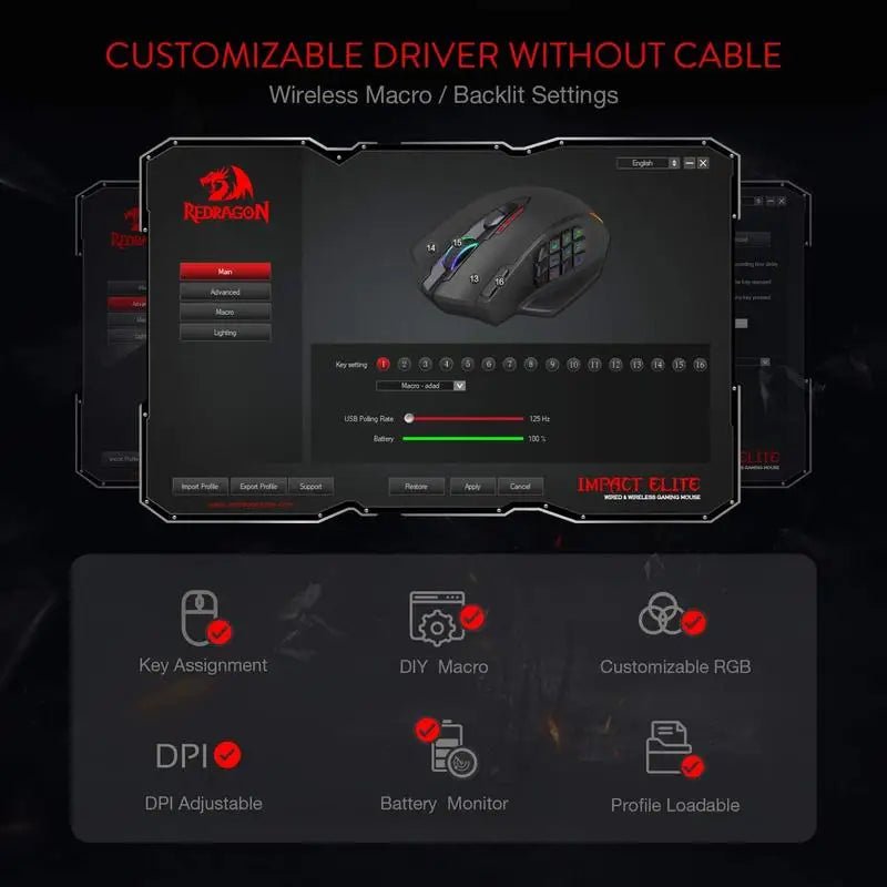Redragon M913 Wireless/Wired Gaming Mouse, 16000 DPI RGB, 16 Programmable Buttons - Zevon