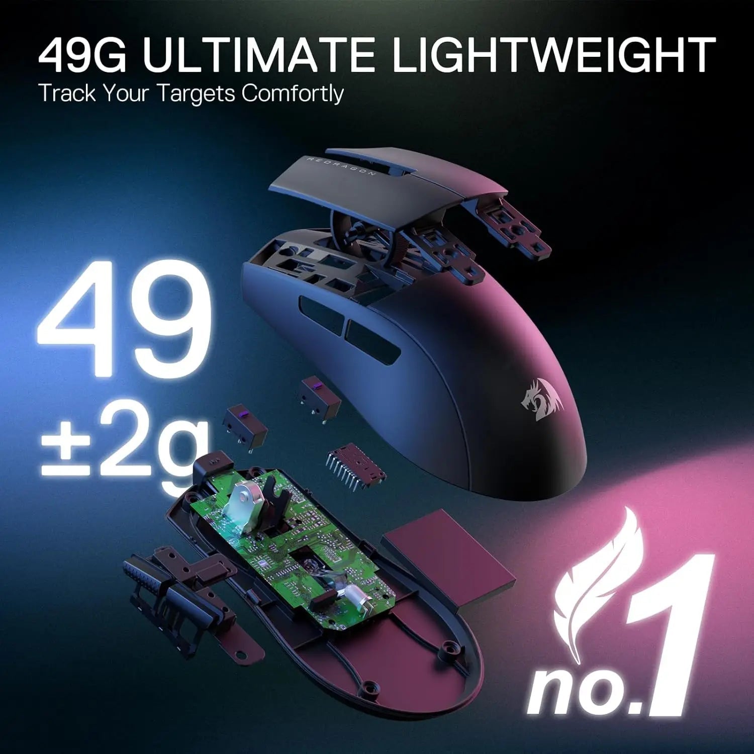 Redragon M916 LIT Wireless Gaming Mouse, 49G Ultra - Light 1K DPI Mouse w/Ergonomic Natural Grip Build - Zevon