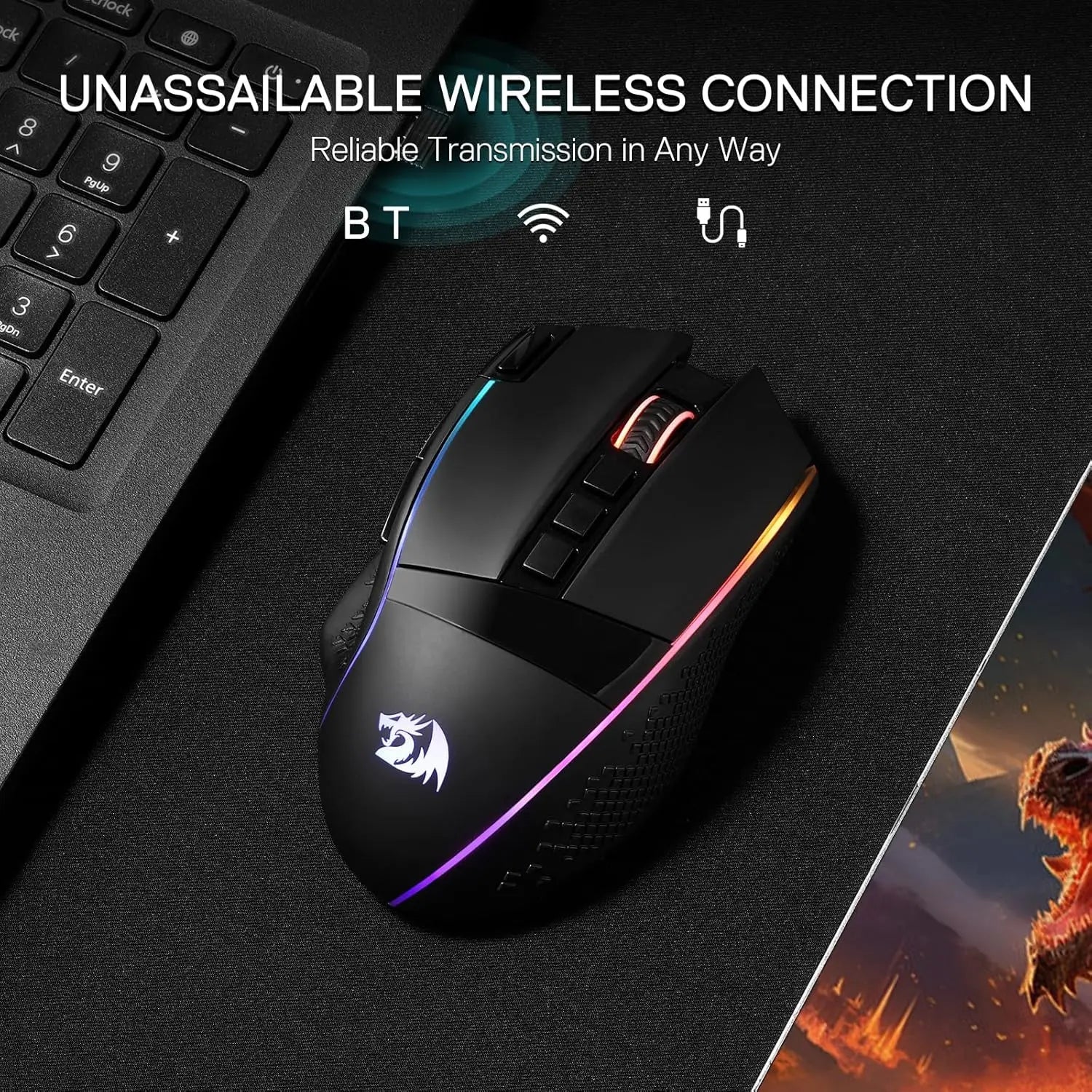 Redragon M991 Wireless Gaming Mouse – 26,000 DPI, RGB, 9 Programmable Buttons, Tri - Mode Connectivity - Zevon