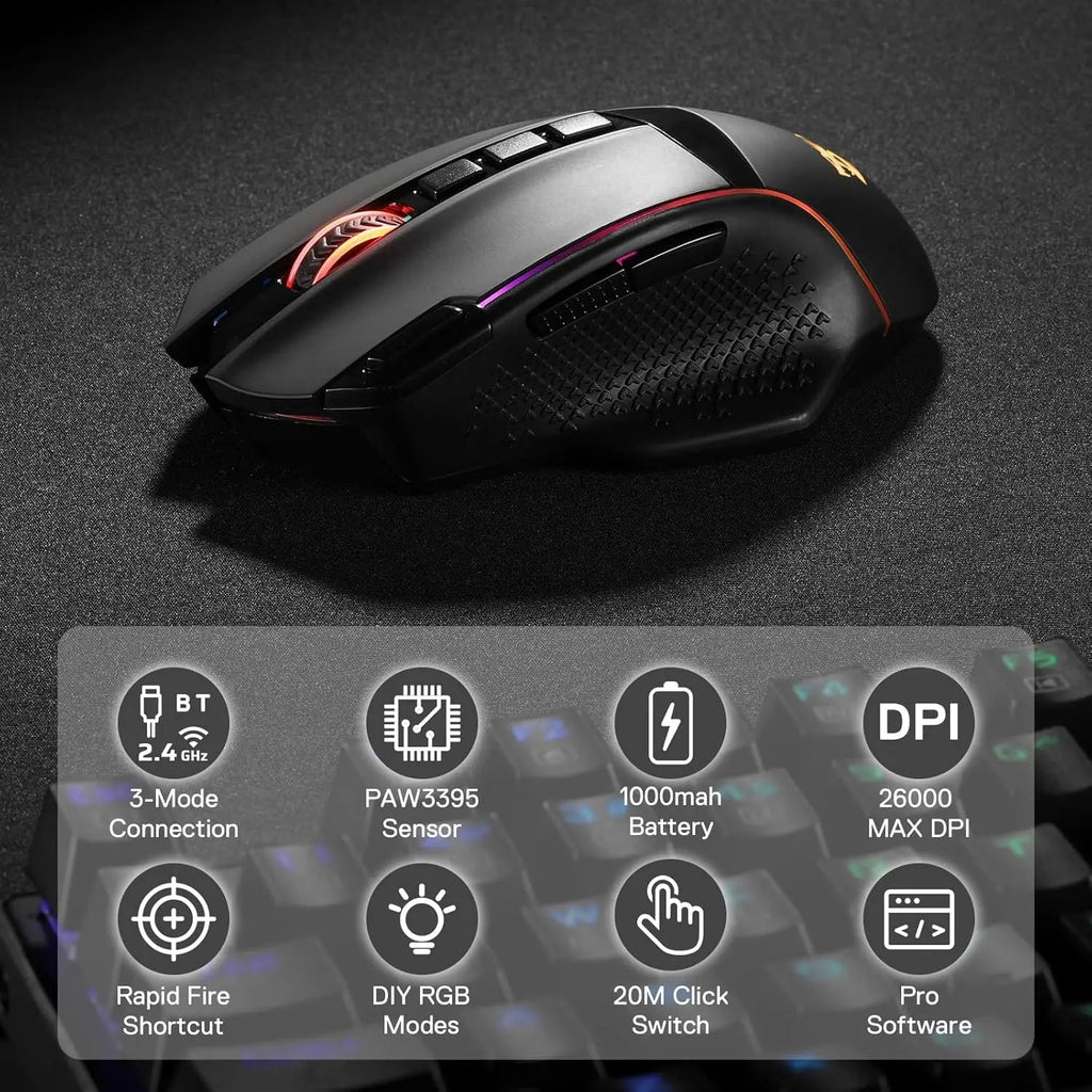 Redragon M991 Wireless Gaming Mouse – 26,000 DPI, RGB, 9 Programmable Buttons, Tri - Mode Connectivity - Zevon