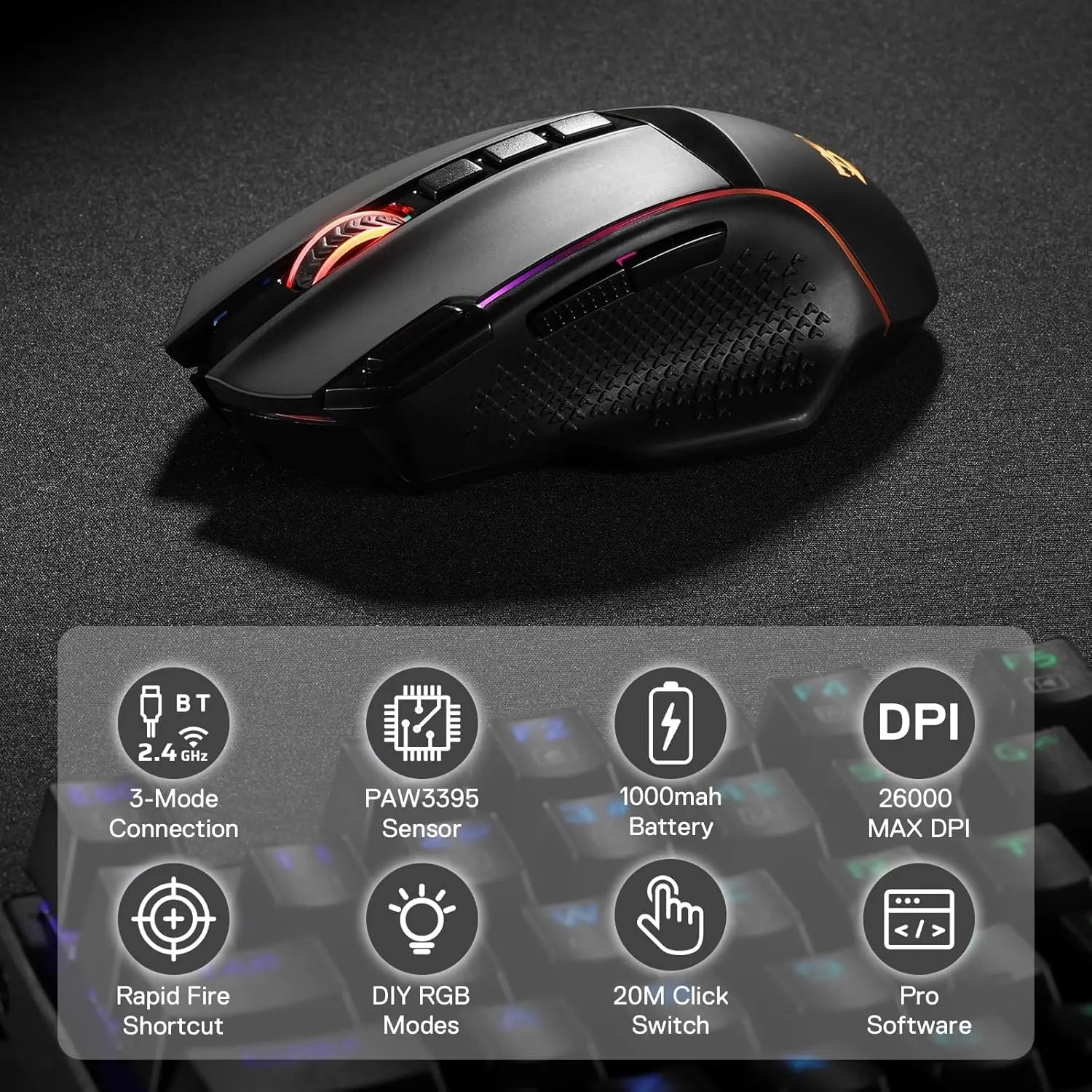 Redragon M991 Wireless Gaming Mouse – 26,000 DPI, RGB, 9 Programmable Buttons, Tri - Mode Connectivity - Zevon