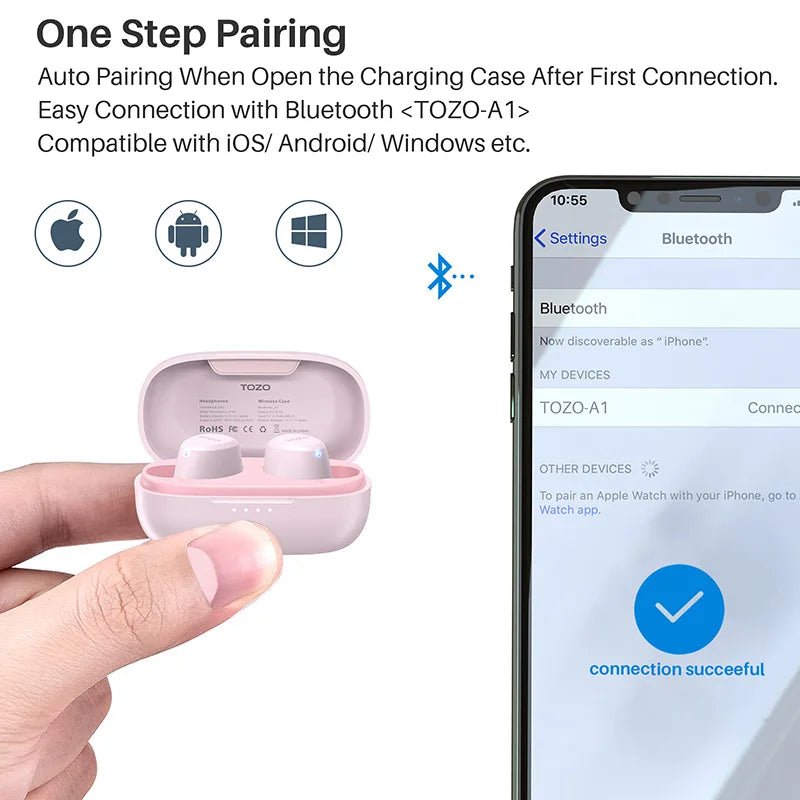 Refurbished TOZO TWS Earbuds in - Ear Wireless Bluetooth Headsets with With Mic Touch Control Sport Waterproof for Iphone Android - ZEVON