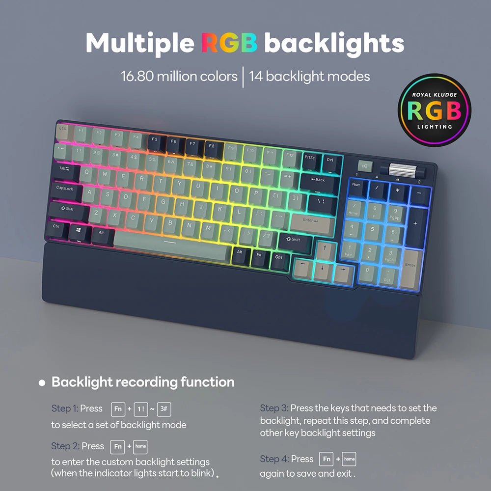 RK Royal Kludge RK96 96 - Key RGB Mechanical Gaming Keyboard with hot - swap switches and tri - mode connectivity (Bluetooth 5.0, 2.4G wireless, USB - C) - Zevon