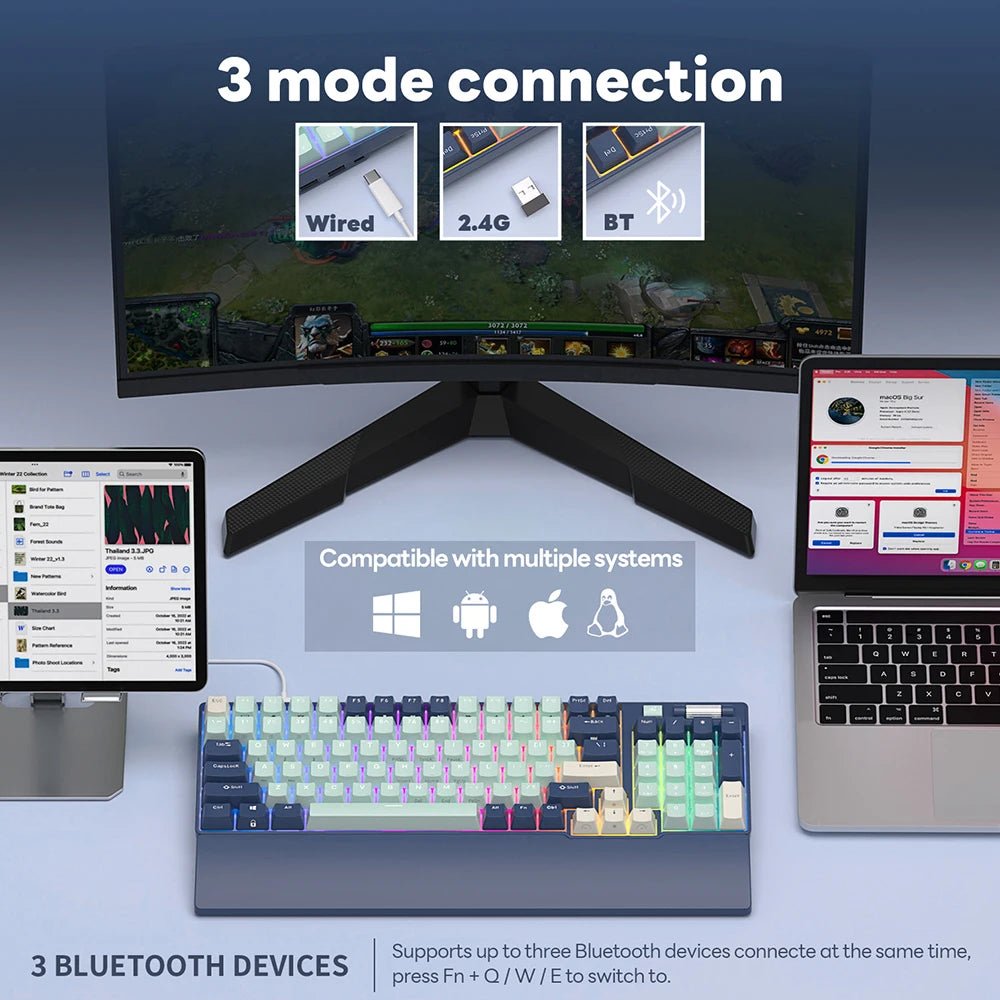 RK Royal Kludge RK96 96 - Key RGB Mechanical Gaming Keyboard with hot - swap switches and tri - mode connectivity (Bluetooth 5.0, 2.4G wireless, USB - C) - Zevon