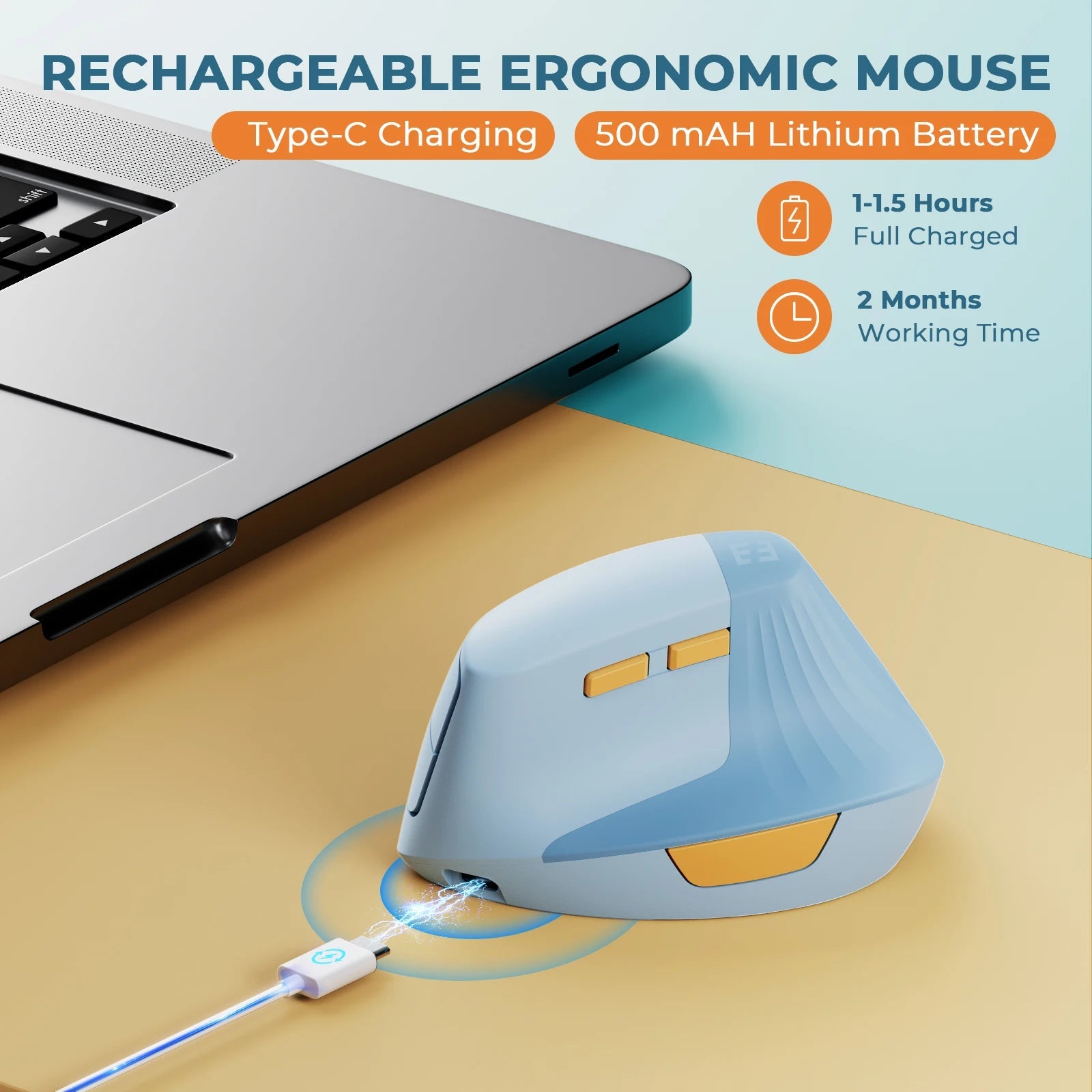 SEENDA Vertical Wireless Mouse Type C Rechargeable Ergonomic USB & Type C Mice for Laptop Laptop PC MacBook Windows Android - Zevon