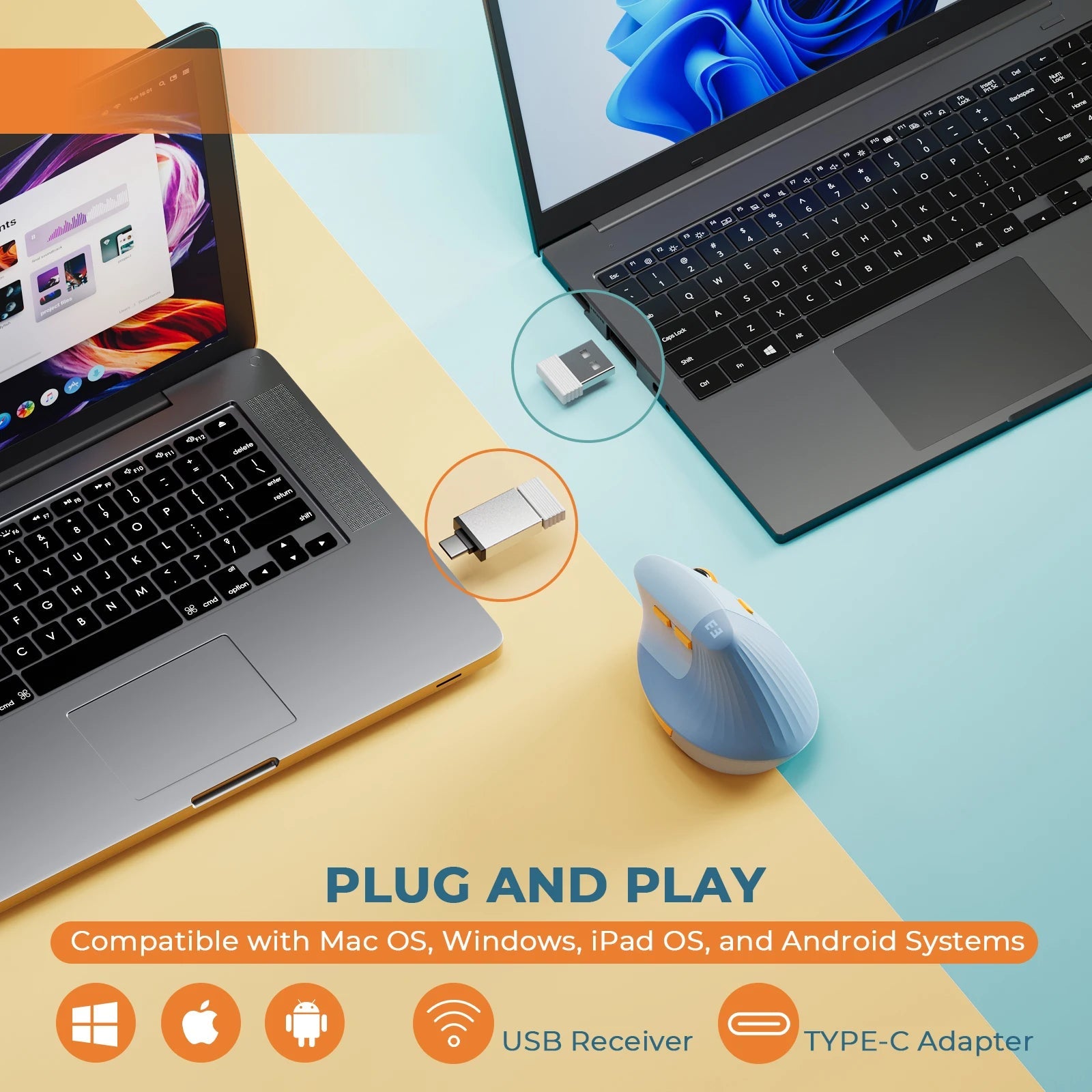 SEENDA Vertical Wireless Mouse Type C Rechargeable Ergonomic USB & Type C Mice for Laptop Laptop PC MacBook Windows Android - Zevon