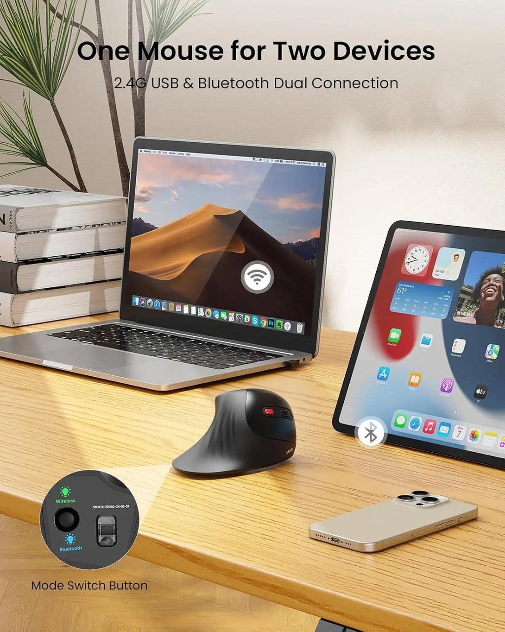 SEENDA Wireless Ergonomic Vertical Mouse with Jiggler – Dual Mode for PC & Mac - Zevon