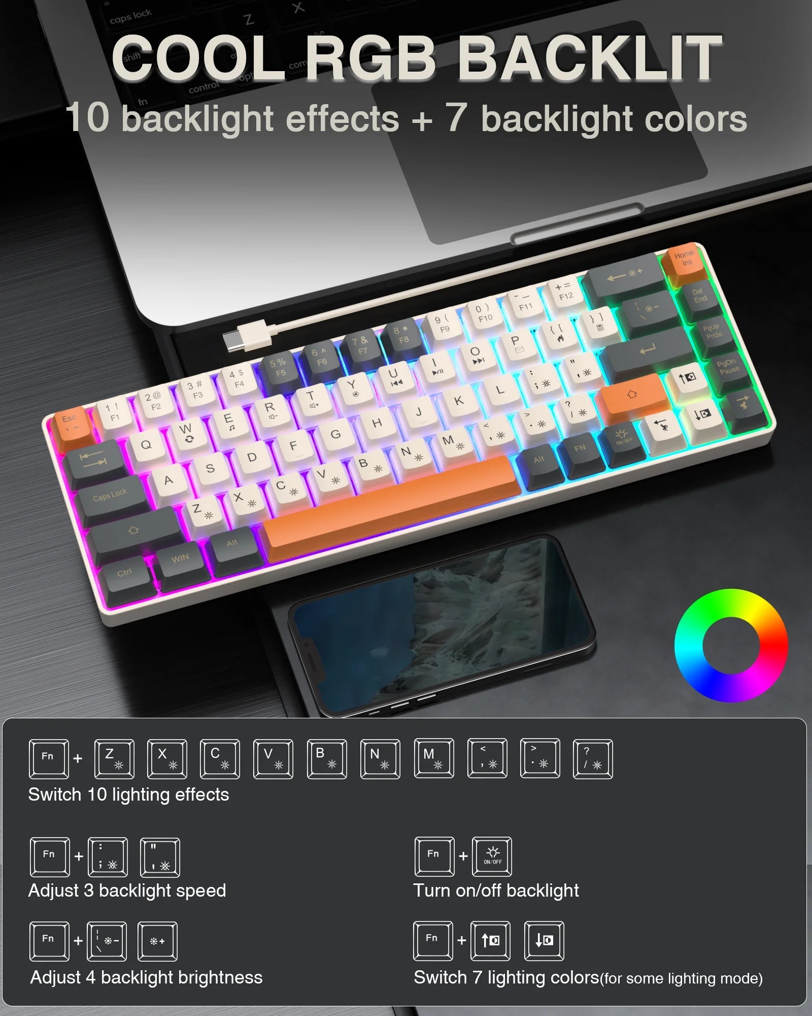 SOLAKAKA SK968 68 - Key RGB Gaming Keyboard with N - Key Rollover and compact design. - Zevon