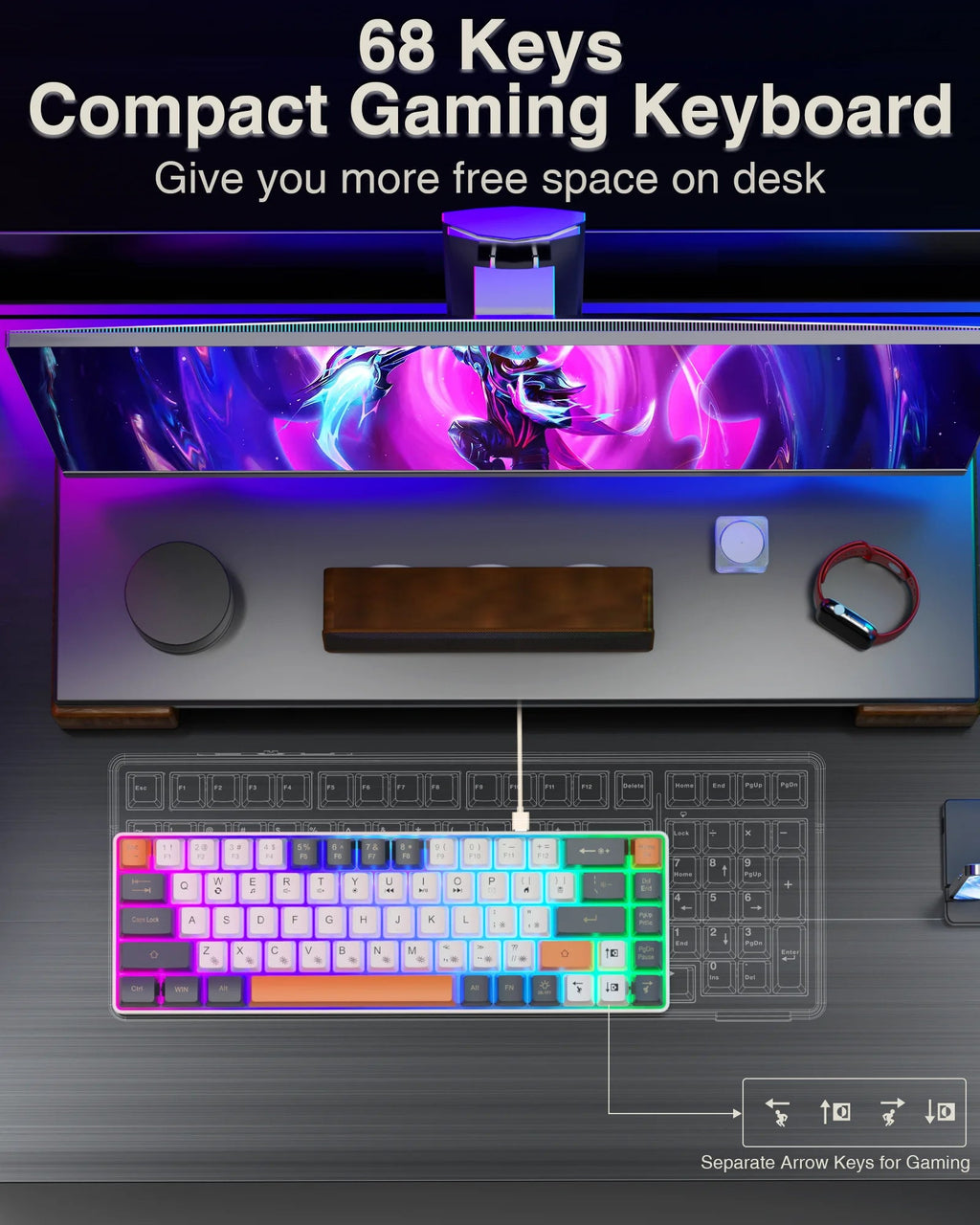 SOLAKAKA SK968 68 - Key RGB Gaming Keyboard with N - Key Rollover and compact design. - Zevon