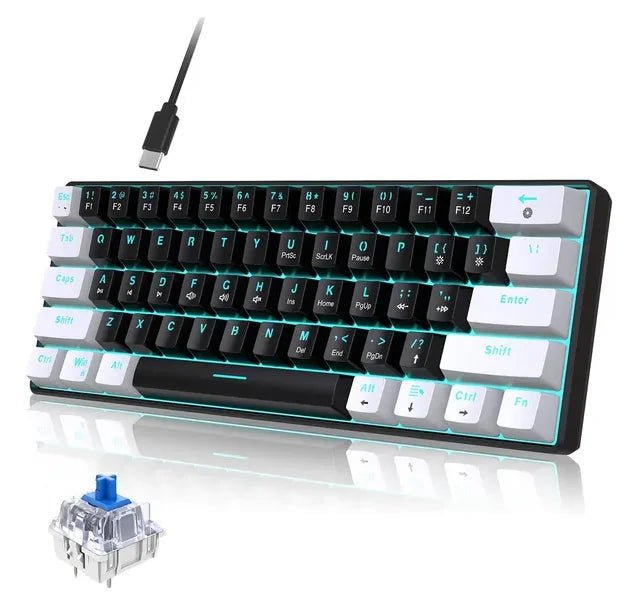 UHM 60% Wired Mechanical Gaming Keyboard with RGB backlight, blue switches, multimedia keys, and compact waterproof design. - Zevon