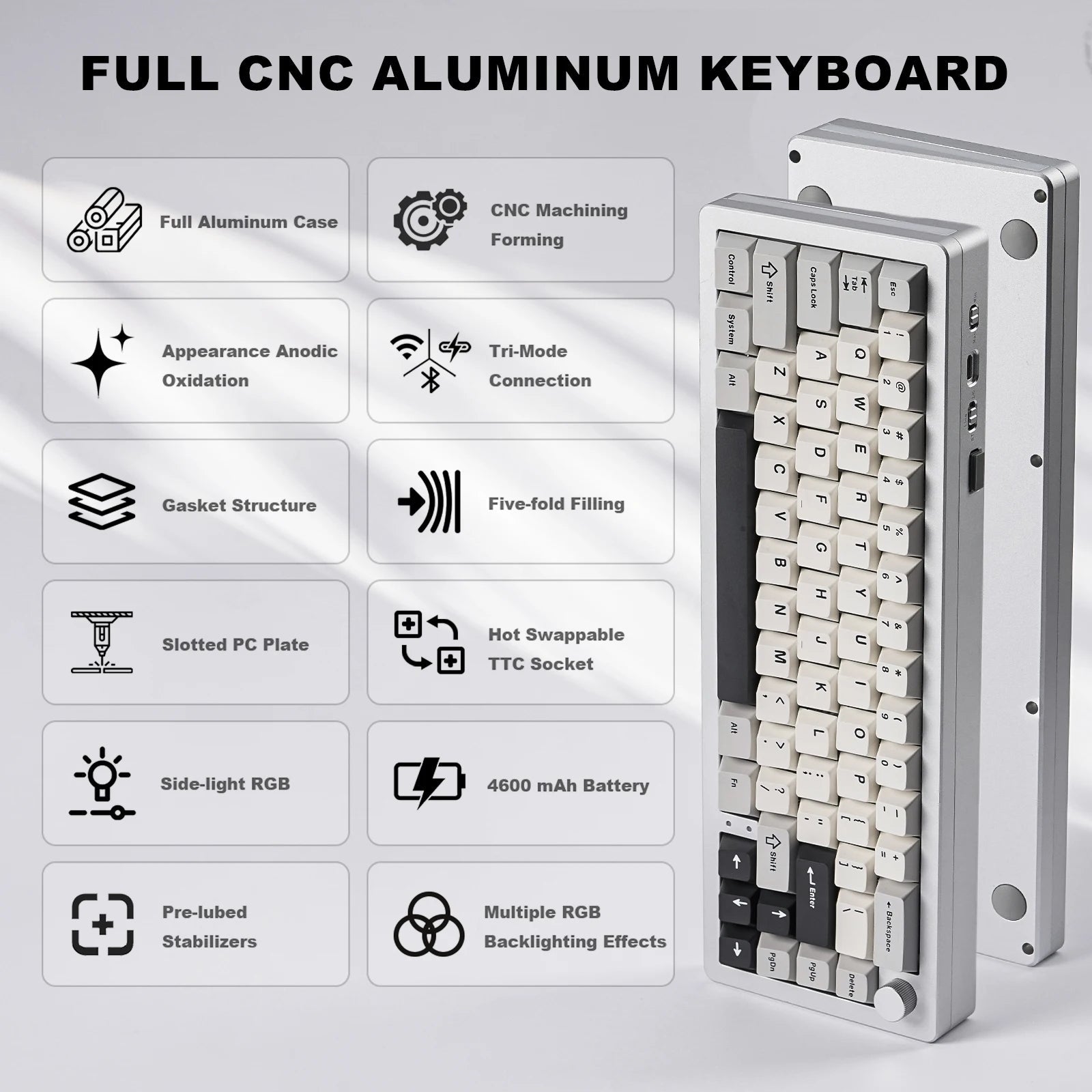 YUNZII AL66 66 - Key RGB Mechanical Gaming Keyboard with CNC aluminum knob, hot - swap switches, gasket mount, and tri - mode connectivity (Bluetooth, 2.4G wireless, wired). - Zevon