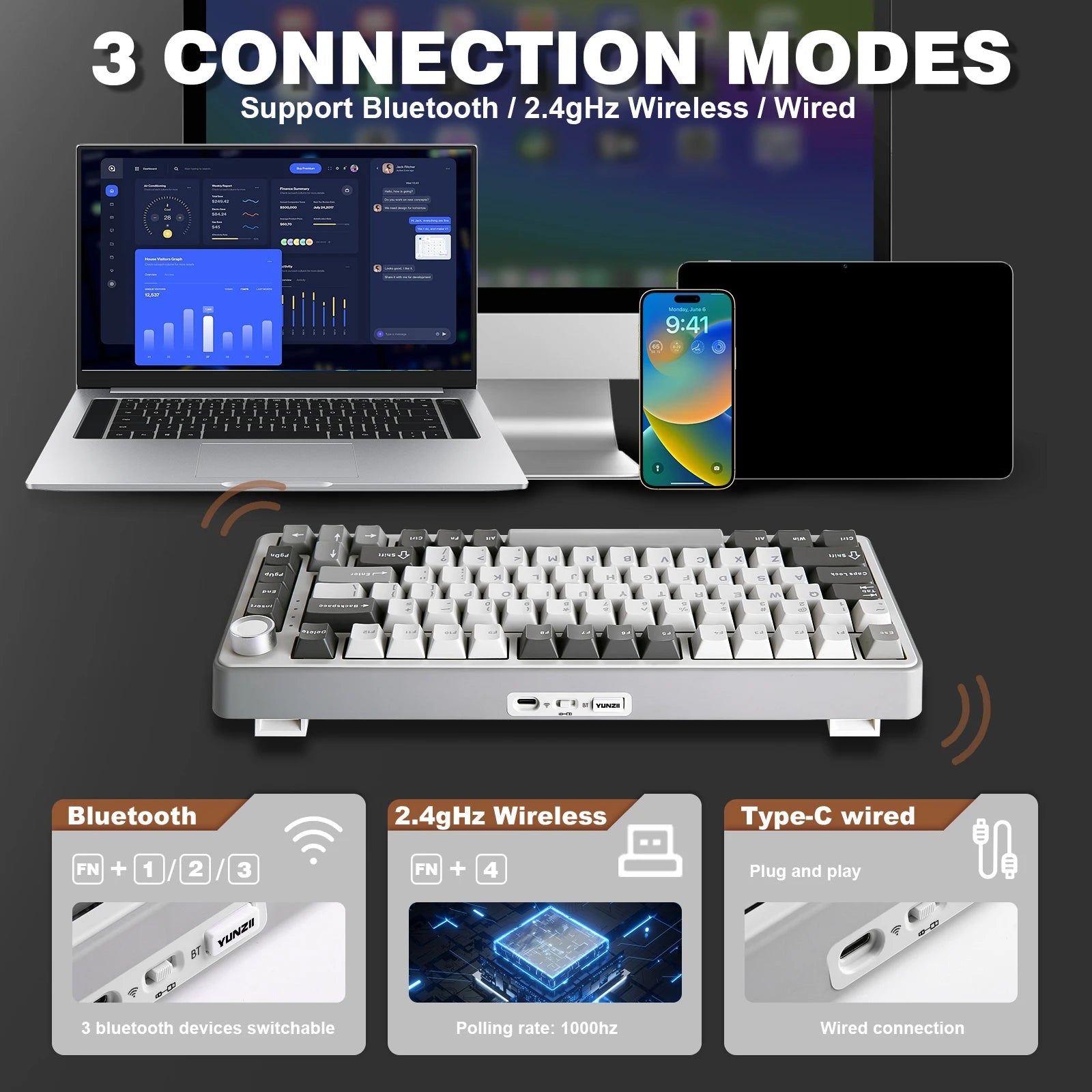 YUNZII B75 PRO 75% Wireless Mechanical Gaming Keyboard with 82 keys, gasket hot - swap design, RGB lighting, control knob, and tri - mode connectivity (Bluetooth, 2.4G, USB - C). - Zevon