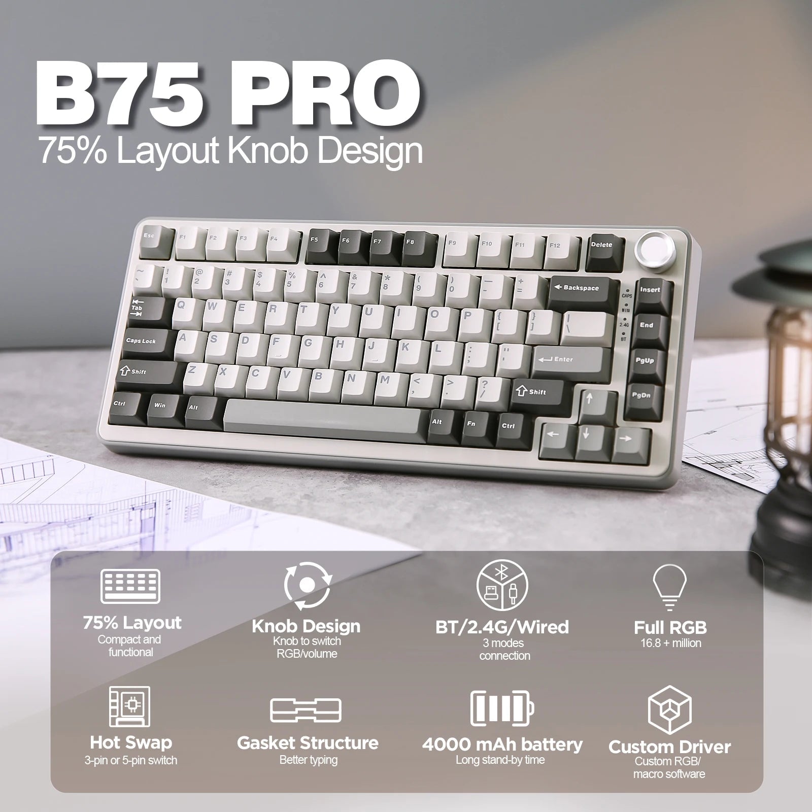 YUNZII B75 PRO 75% Wireless Mechanical Gaming Keyboard with 82 keys, gasket hot - swap design, RGB lighting, control knob, and tri - mode connectivity (Bluetooth, 2.4G, USB - C). - Zevon