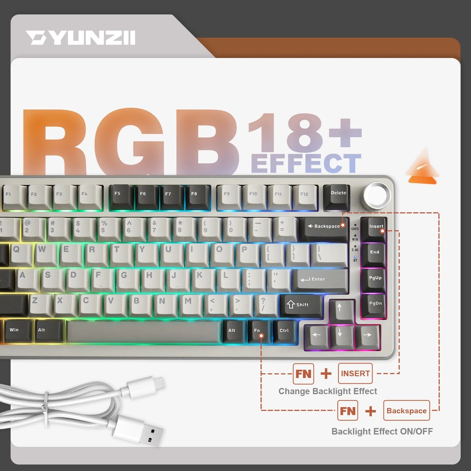 YUNZII B75 PRO 75% Wireless Mechanical Gaming Keyboard with 82 keys, gasket hot - swap design, RGB lighting, control knob, and tri - mode connectivity (Bluetooth, 2.4G, USB - C). - Zevon