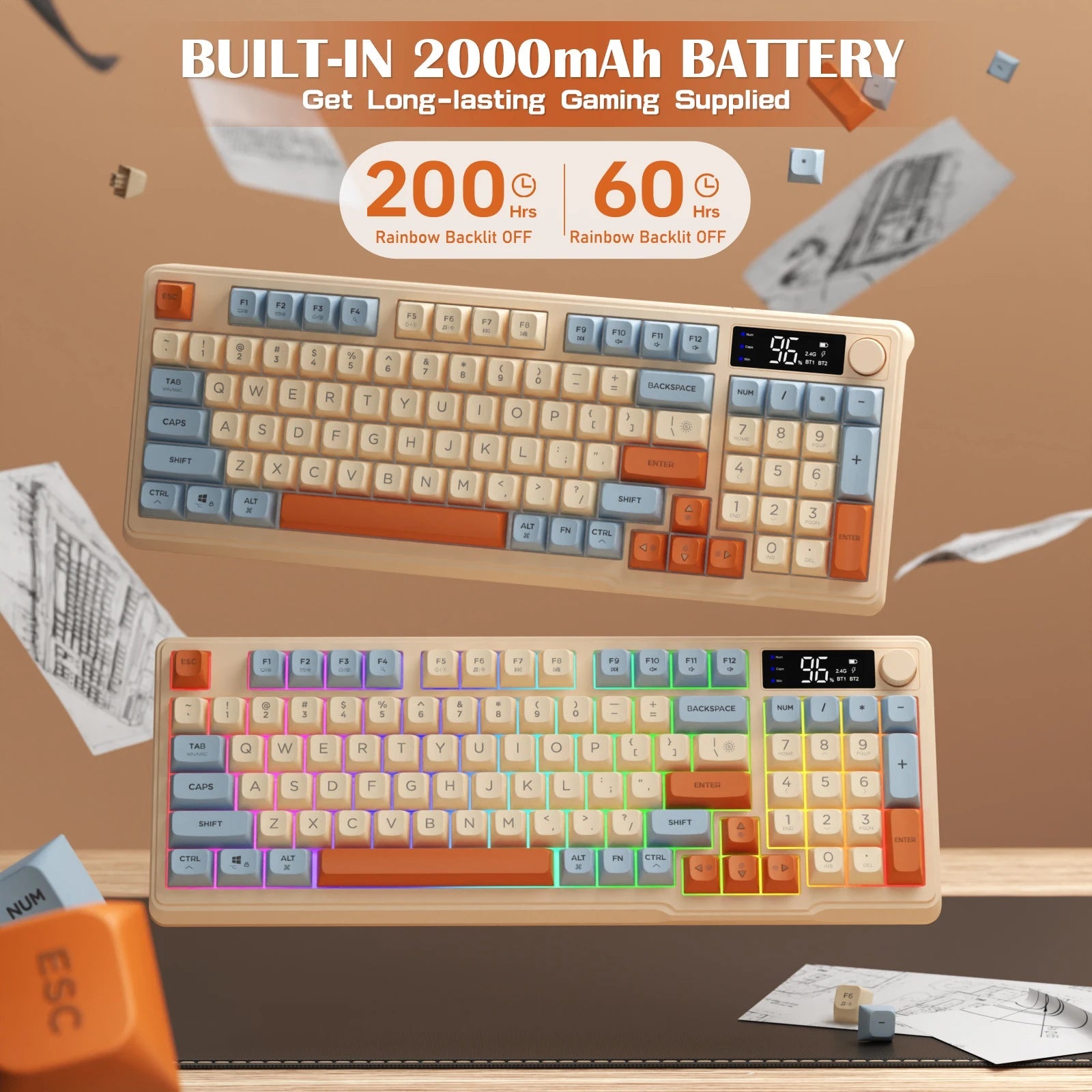 ZIYOU LANG Wireless Gaming Keyboard with Display Screen & Knob, Bluetooth/2.4GHz Quiet Membrane Keyboard, 3000mAh Rechargeable - Zevon