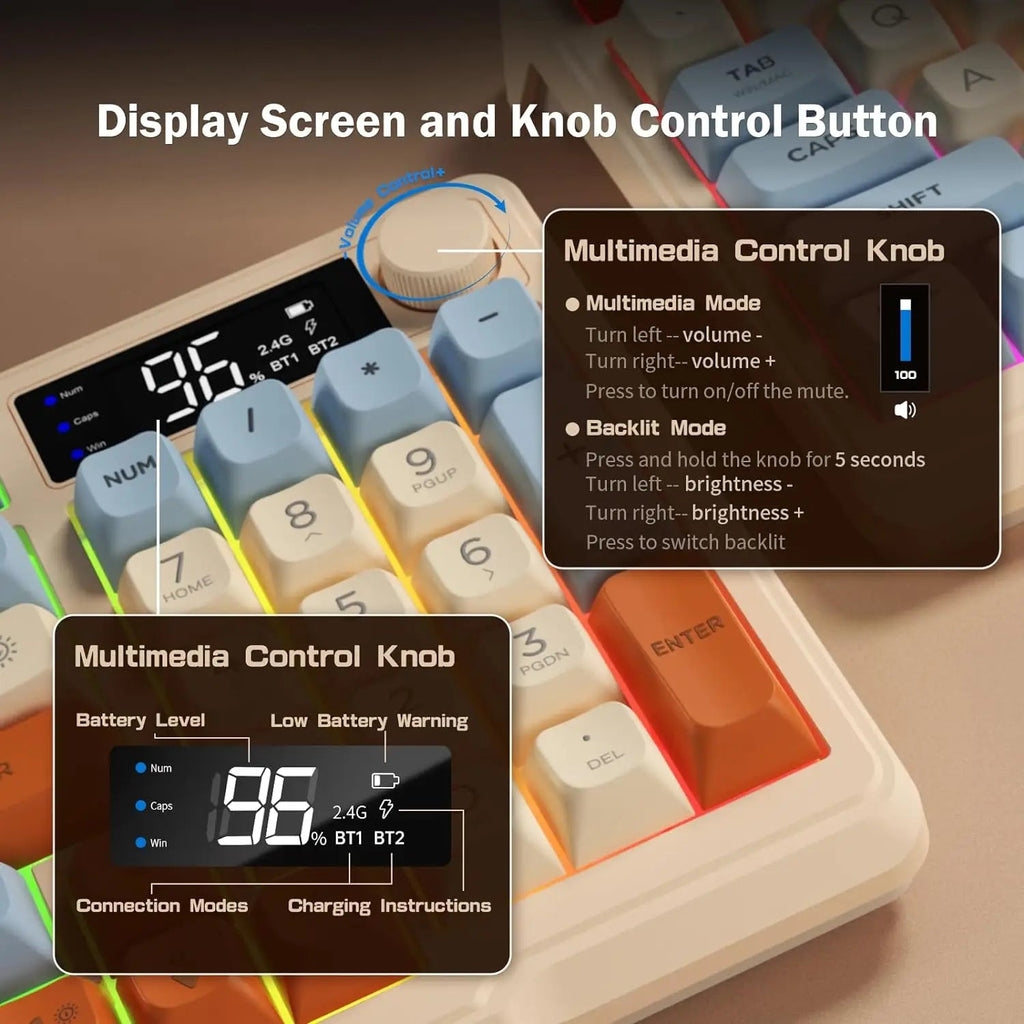 ZIYOU LANG Wireless Gaming Keyboard with Display Screen & Knob, Bluetooth/2.4GHz Quiet Membrane Keyboard, 3000mAh Rechargeable - Zevon