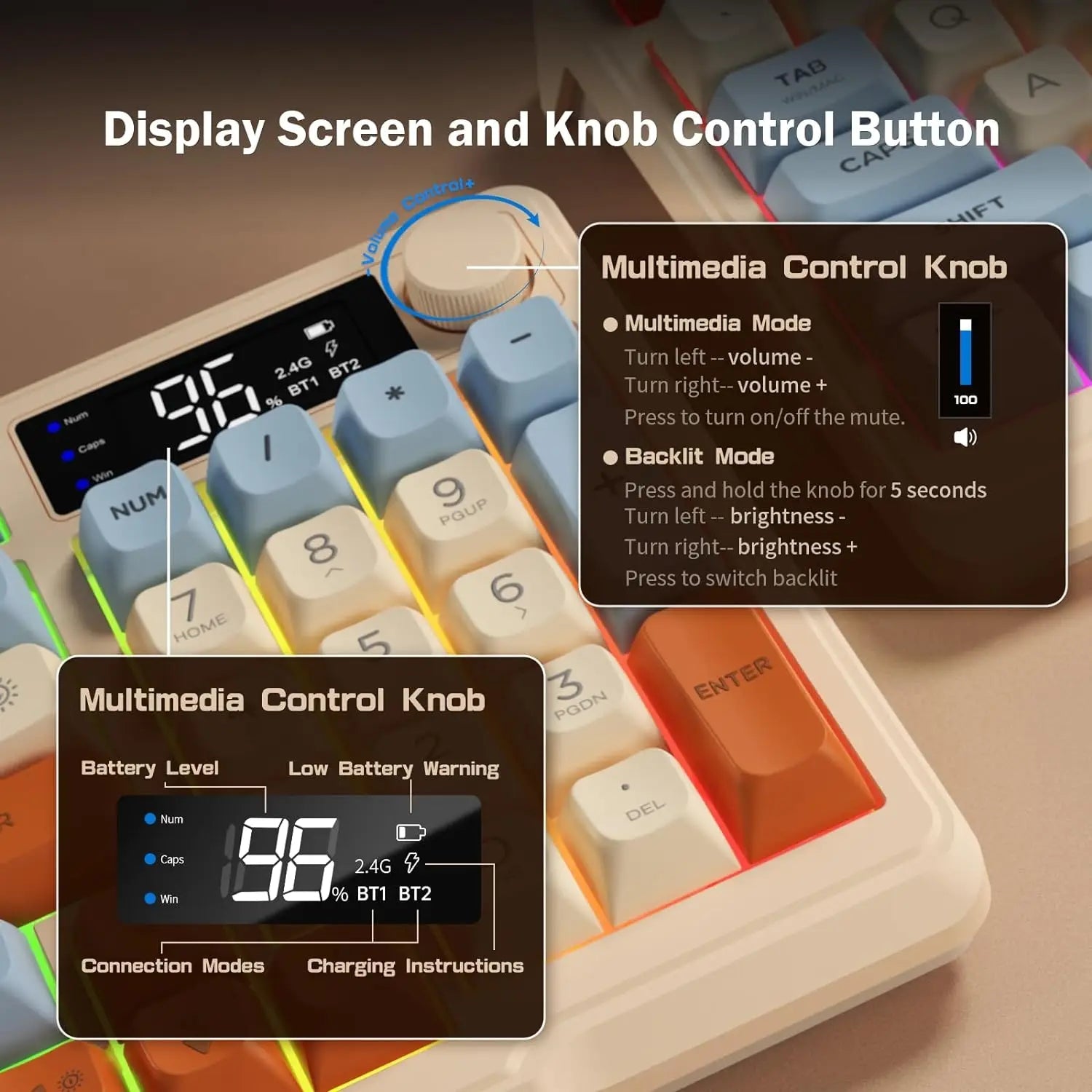 ZIYOU LANG Wireless Gaming Keyboard with Display Screen & Knob, Bluetooth/2.4GHz Quiet Membrane Keyboard, 3000mAh Rechargeable - Zevon